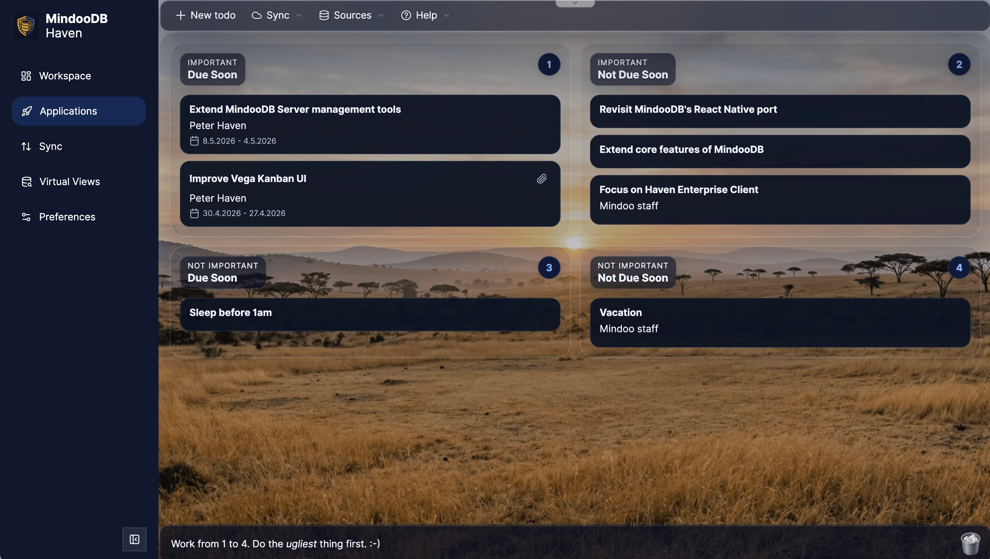 Mindoo TodoManager embedded in Haven showing the same task board in dark mode