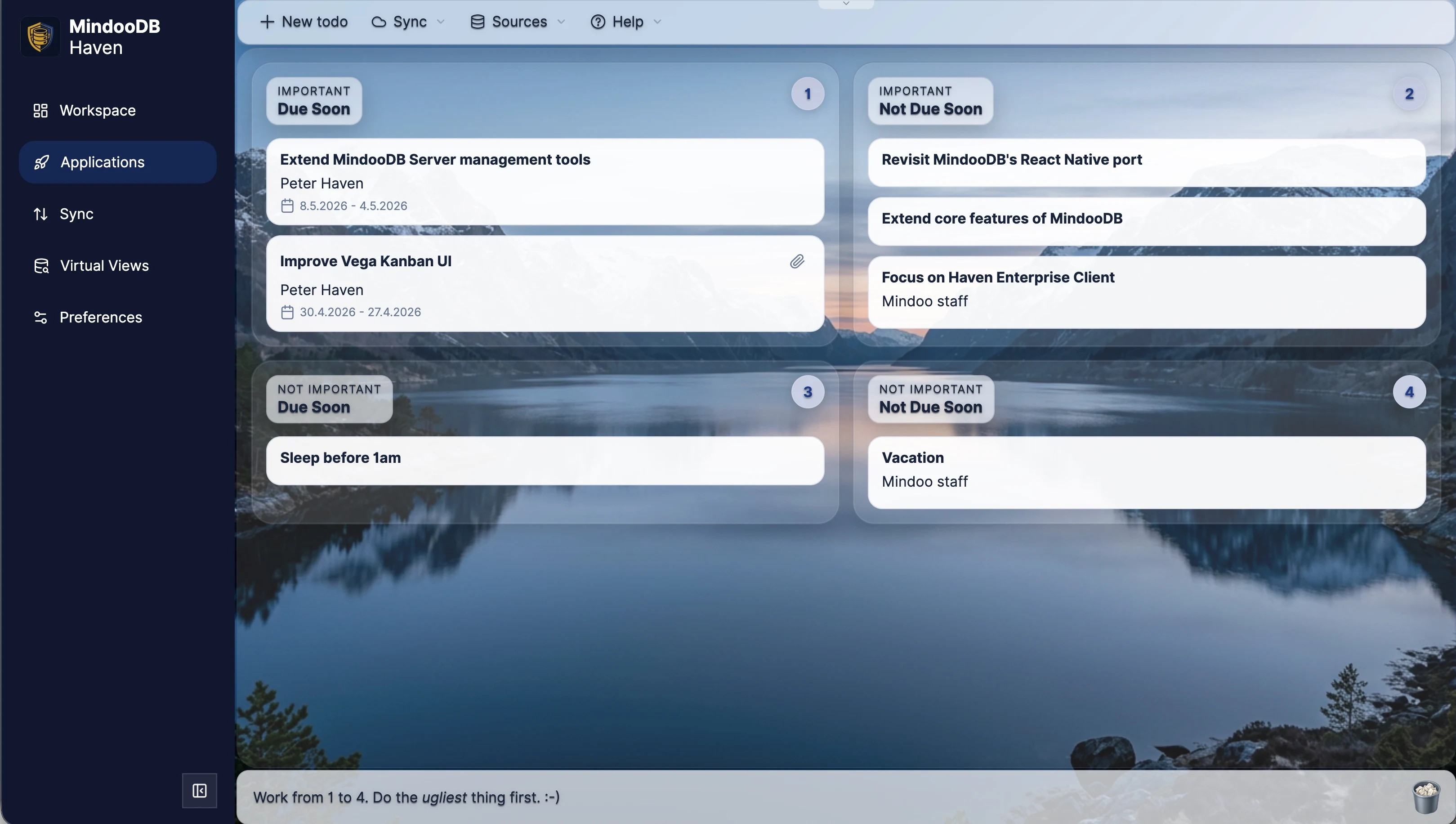 Mindoo TodoManager embedded in Haven showing a light theme task board grouped by importance and due date