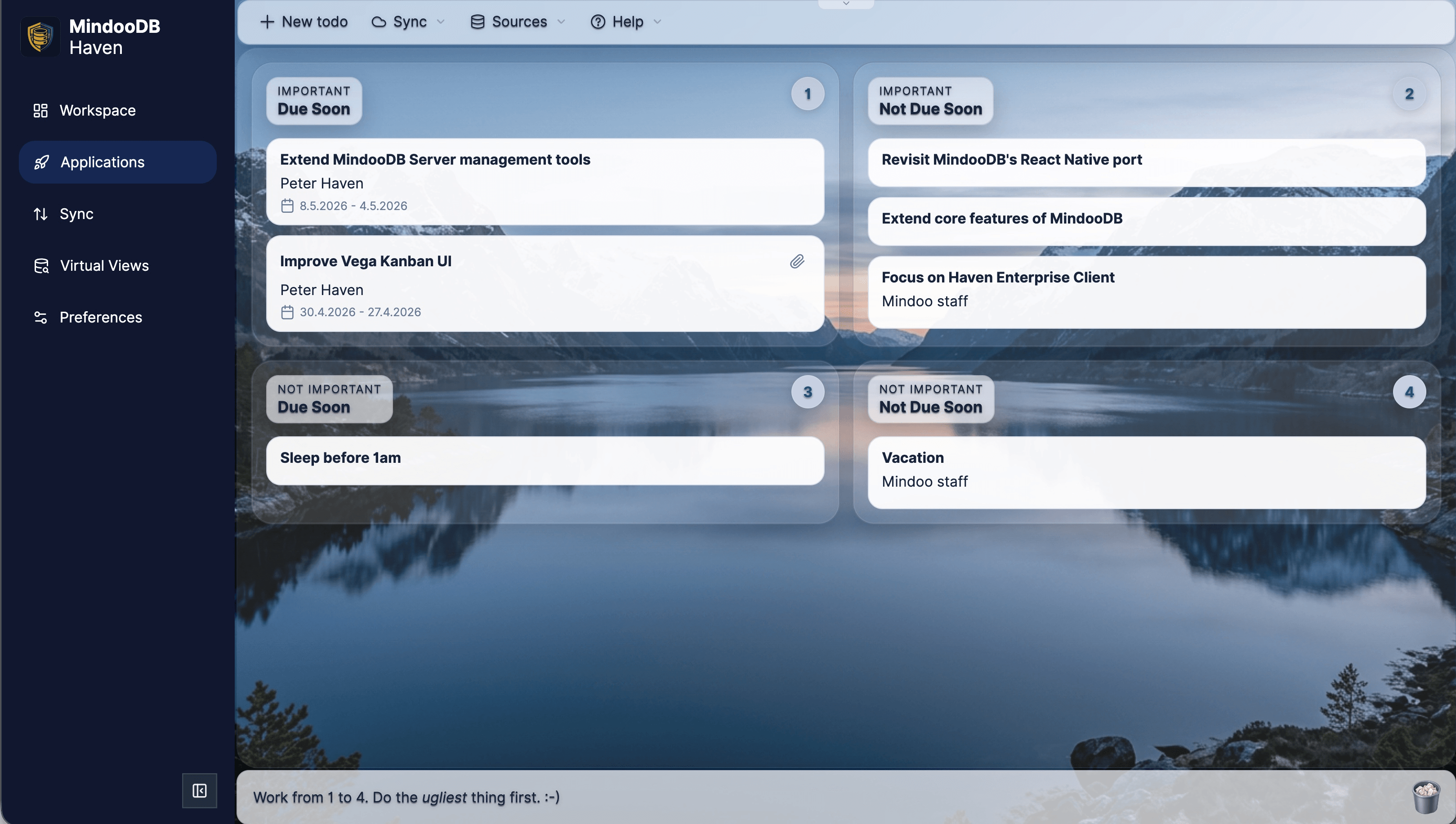 Mindoo TodoManager embedded in Haven showing a light theme task board grouped by importance and due date