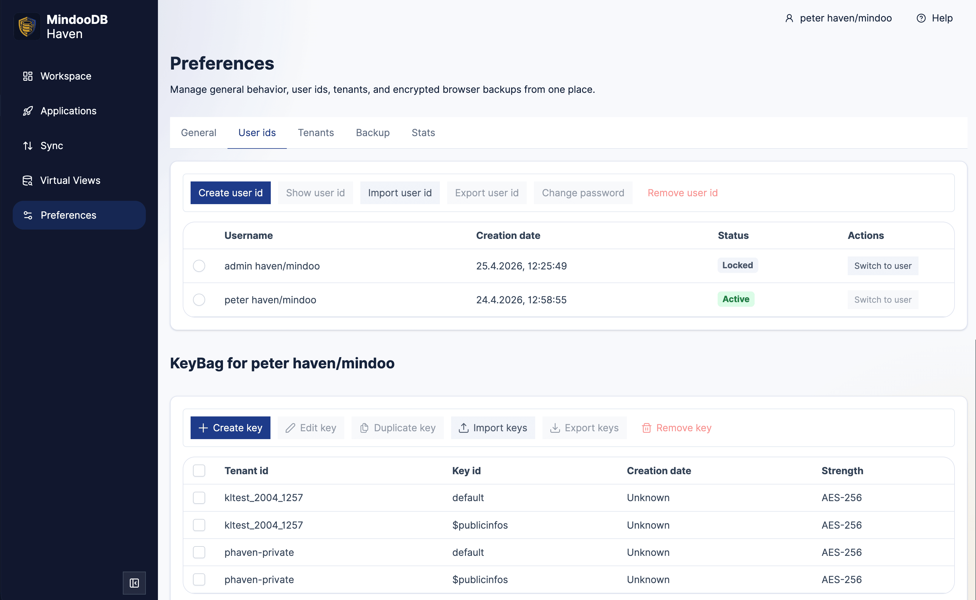 Haven user identity view showing client-side user IDs and keys