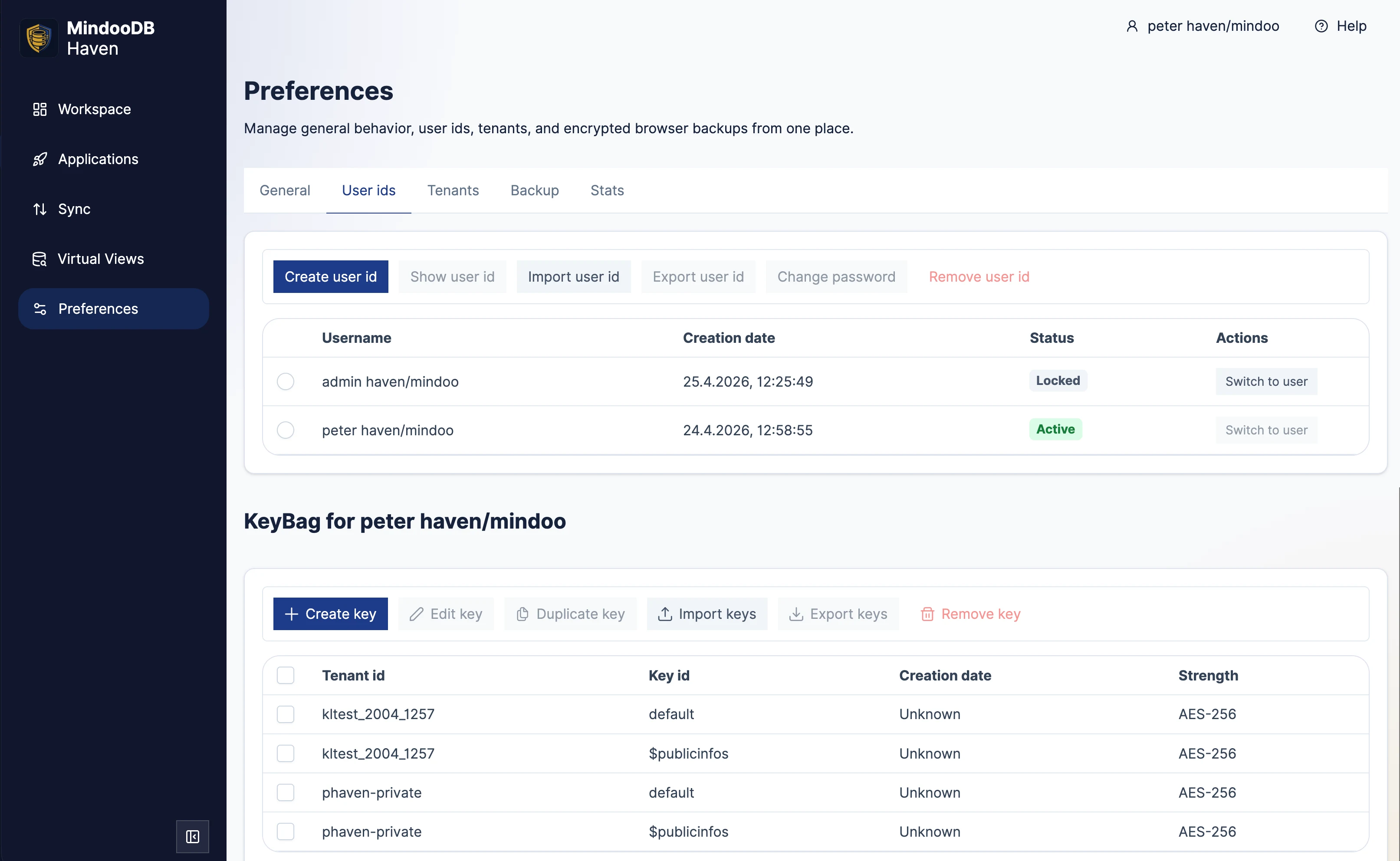 Haven user identity view showing client-side user IDs and keys