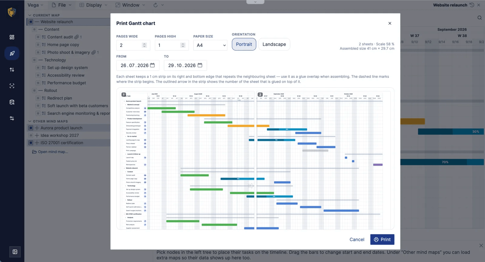La boîte de dialogue d’impression du diagramme de Gantt dans Mindoo Vega, avec une date de début et une date de fin, des champs pour le nombre de feuilles et un aperçu du calendrier sur deux feuilles