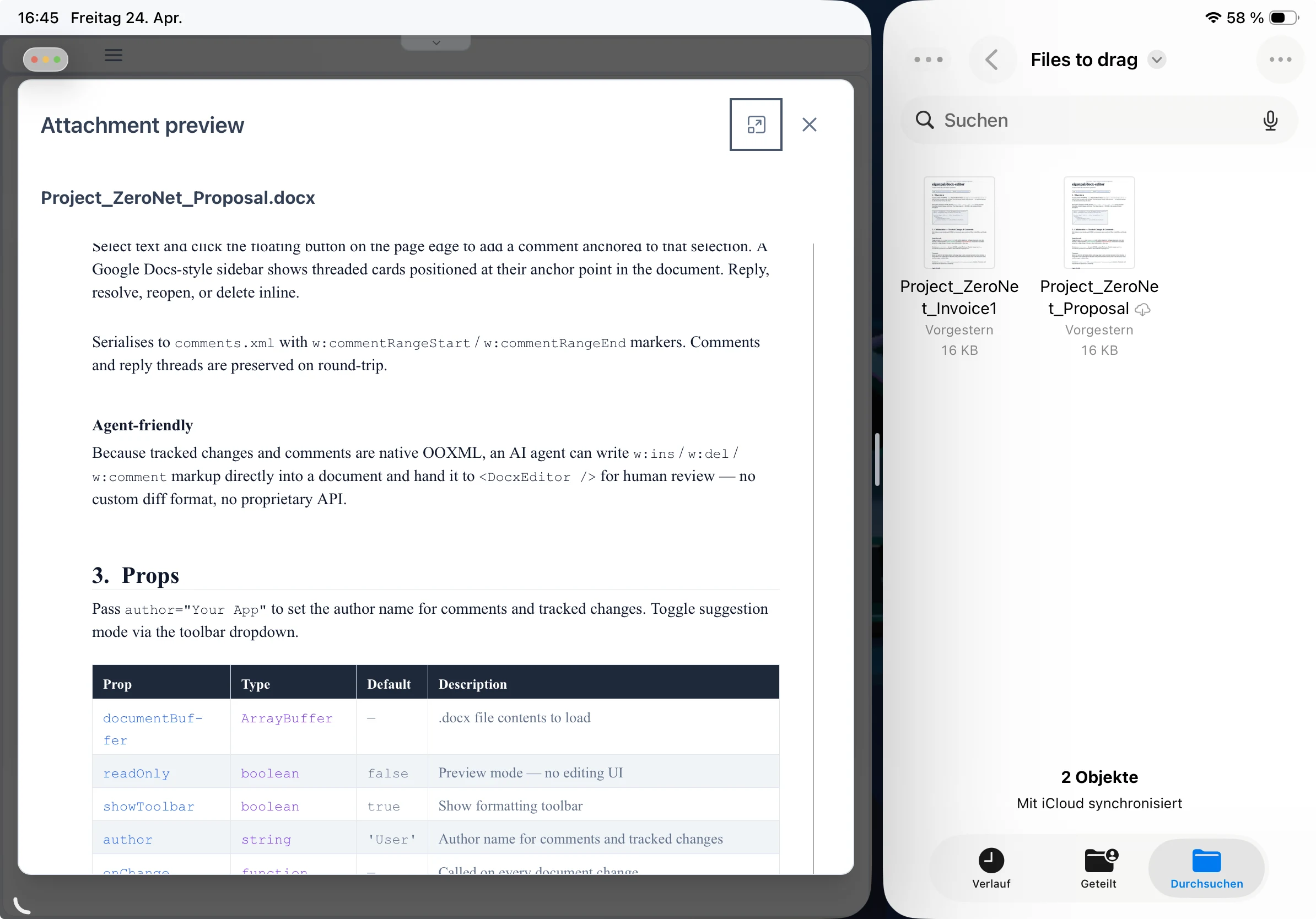 Mindoo Vega on iPadOS showing an attachment preview inside the Haven workspace