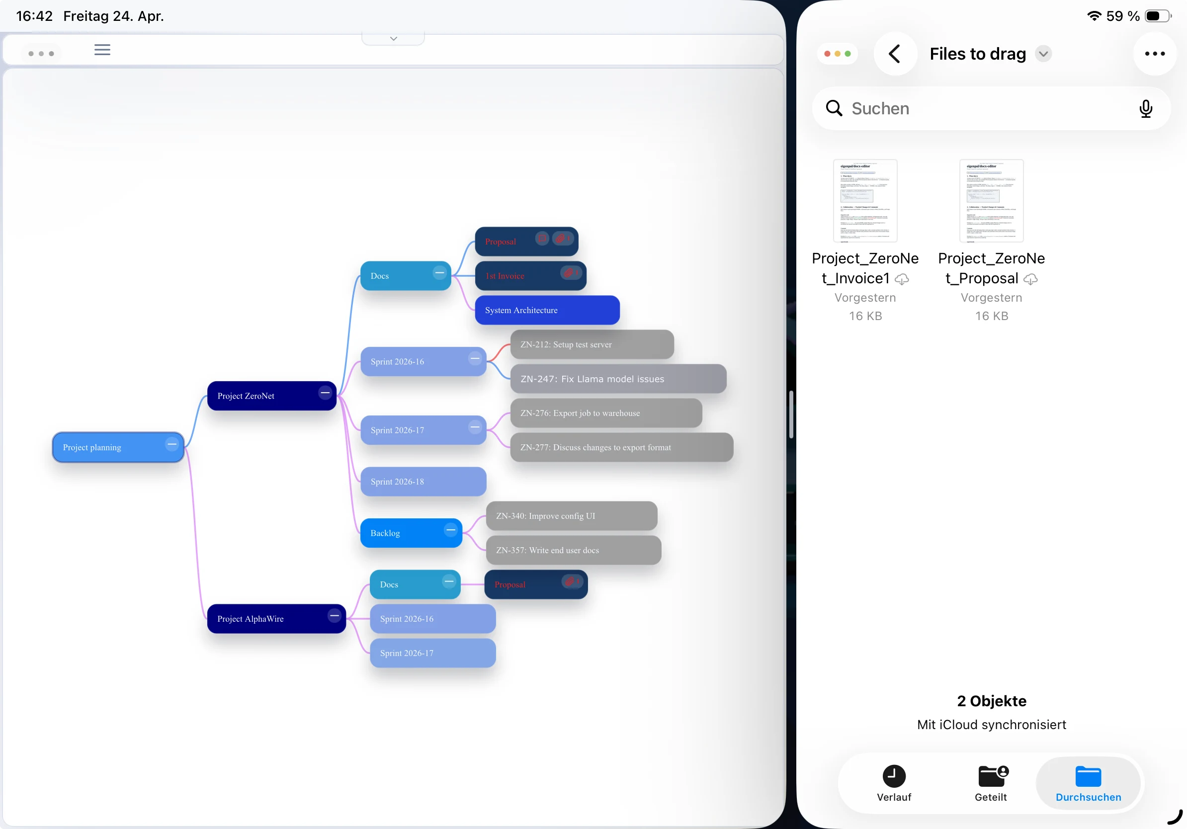 Mindoo Vega on iPadOS in multitasking split view beside the Files app, showing that files can be dragged onto nodes to upload attachments