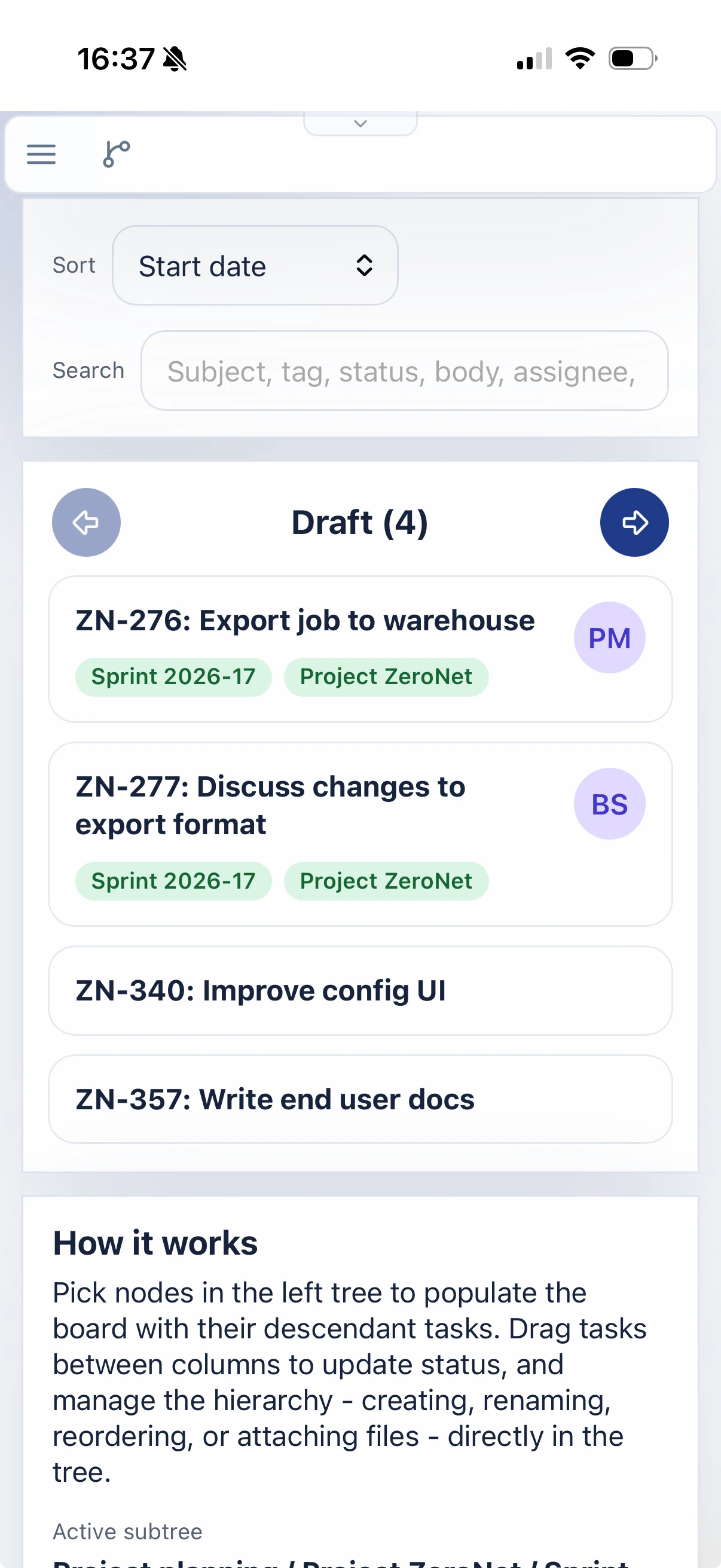 Mindoo Vega on iPhone showing a Kanban board for the selected subtree