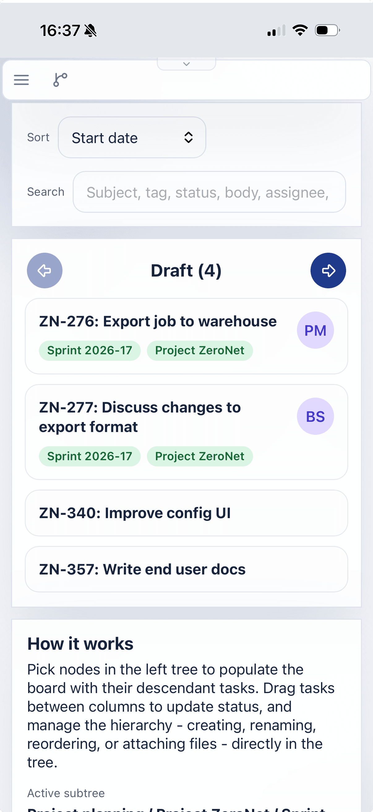 Mindoo Vega on iPhone showing a Kanban board for the selected subtree