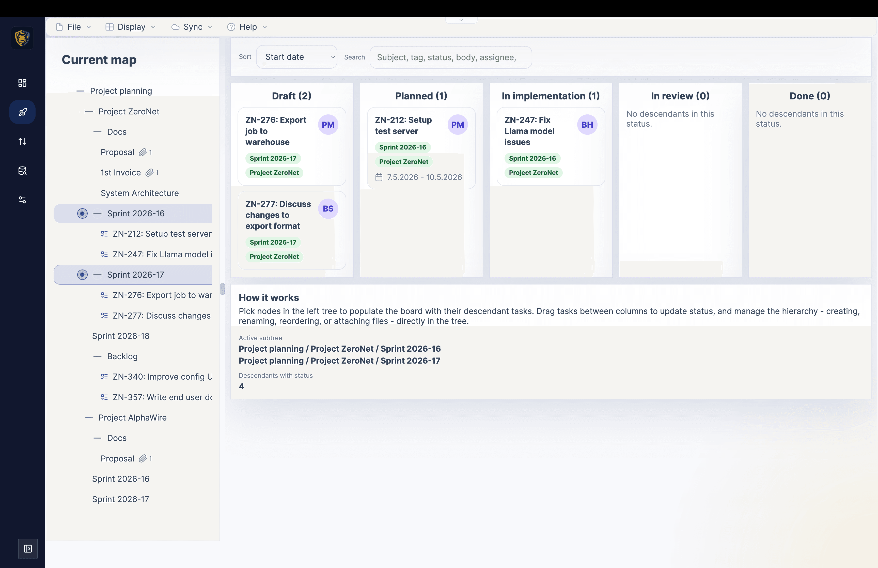Mindoo Vega desktop Kanban board showing task cards grouped by status for selected project sprints