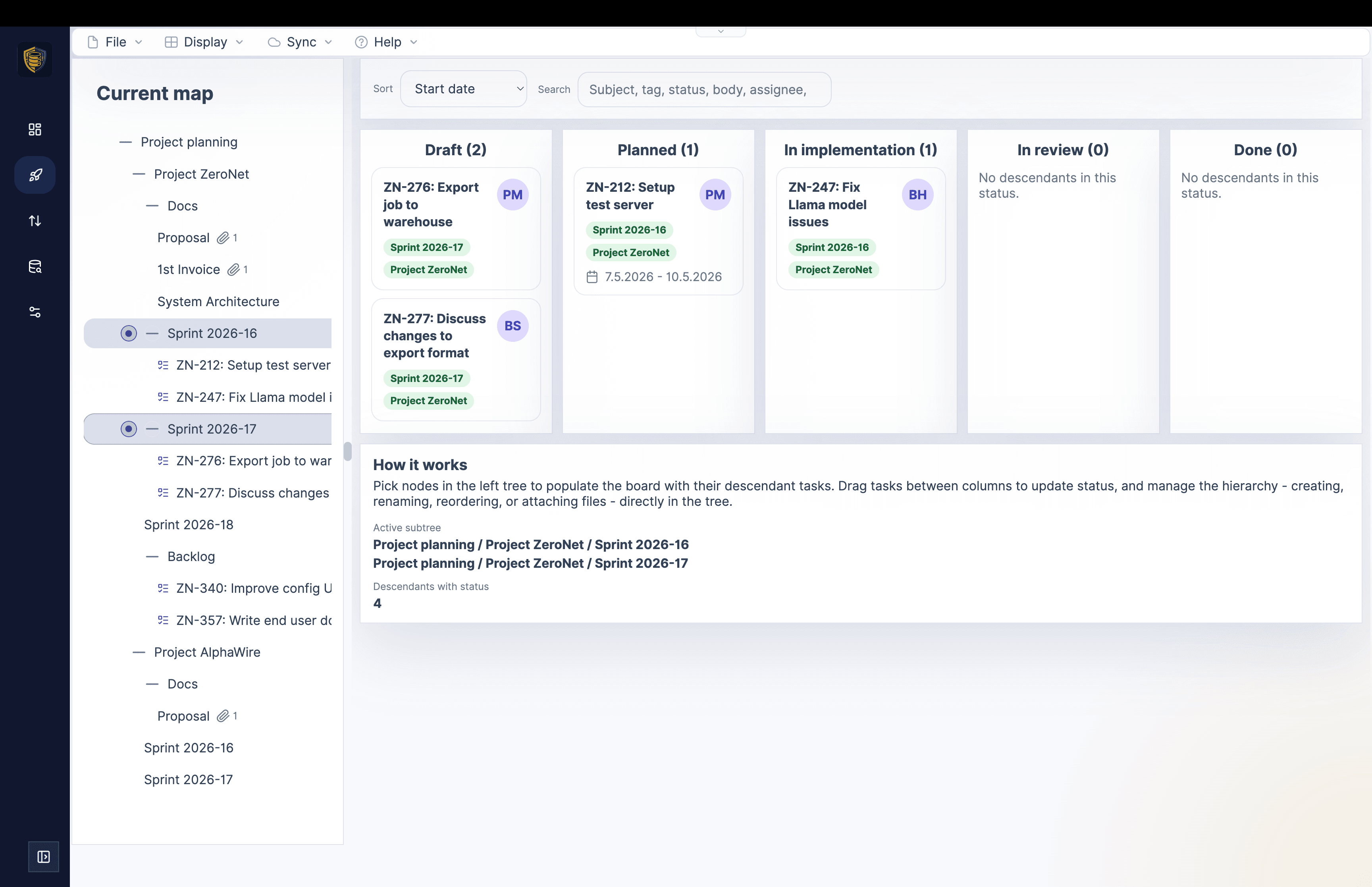 Mindoo Vega embedded in Haven showing the related Kanban board view for the selected project
