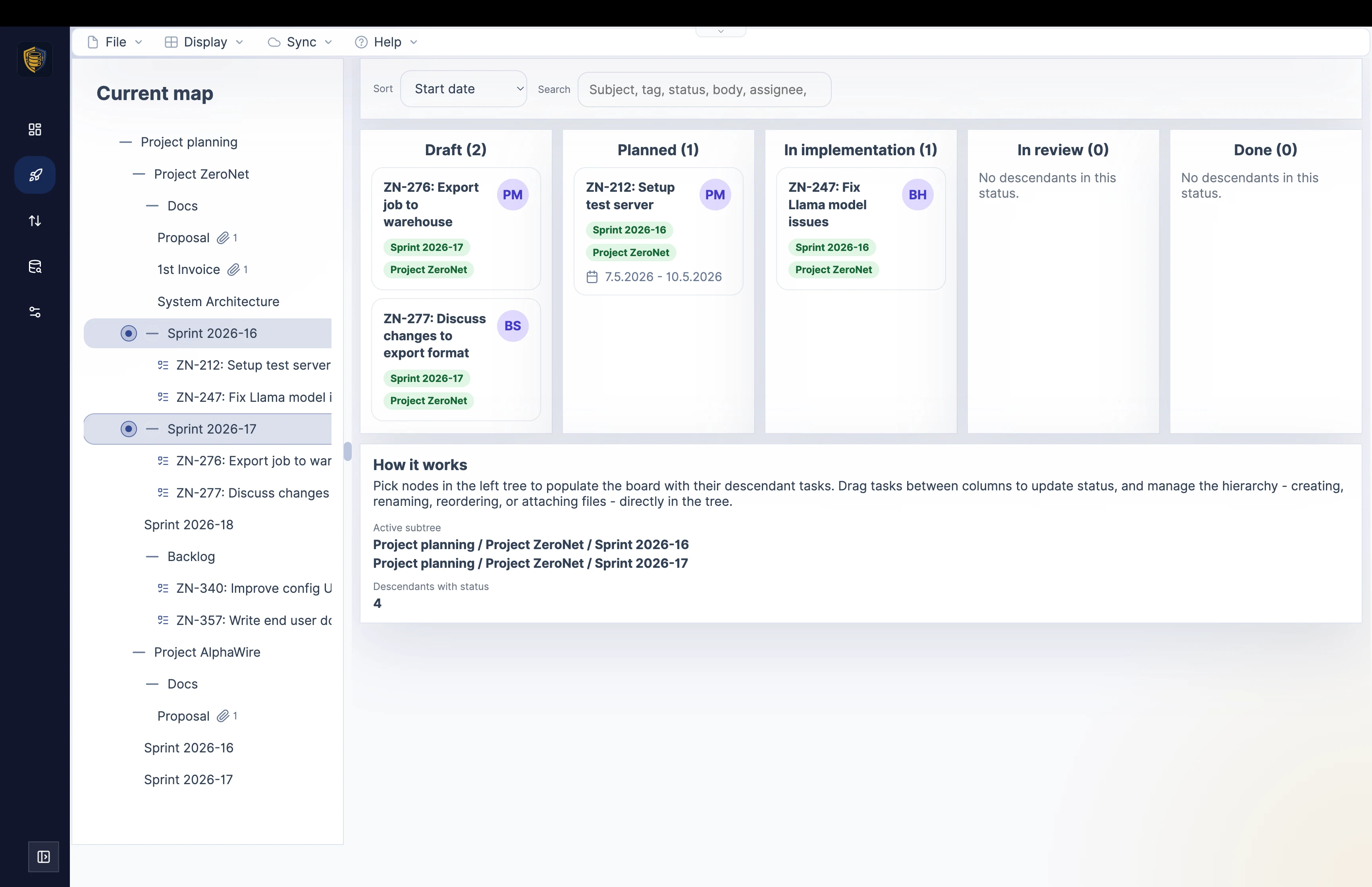 Mindoo Vega desktop Kanban board showing task cards grouped by status for selected project sprints