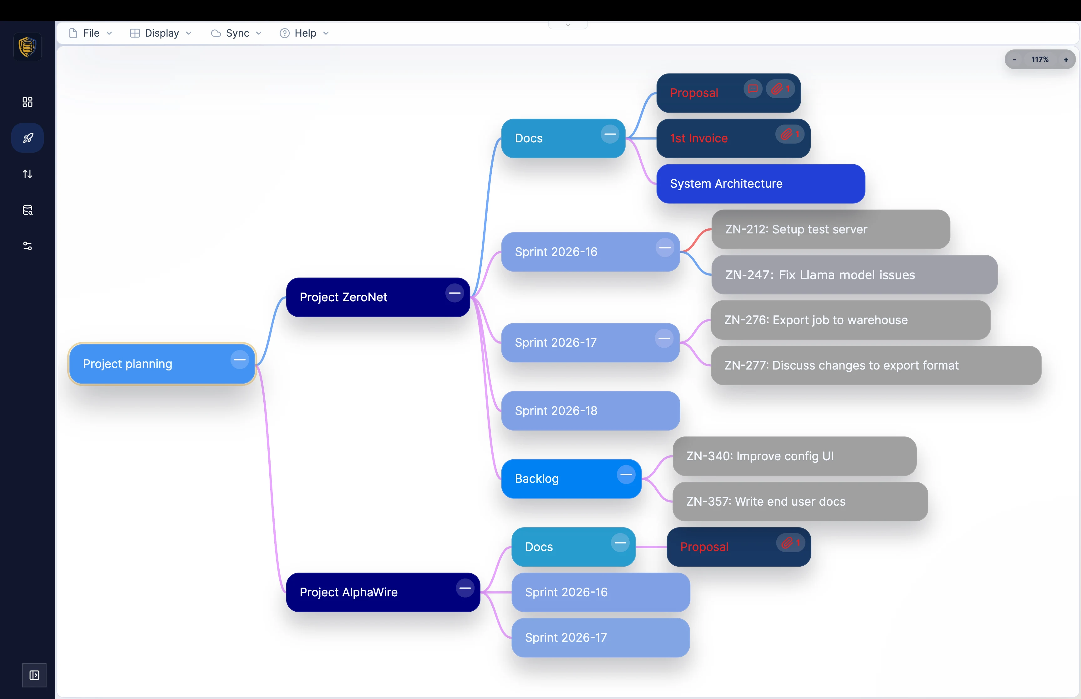 Mindoo Vega desktop mind map showing nested projects, sprints, documents, and tasks