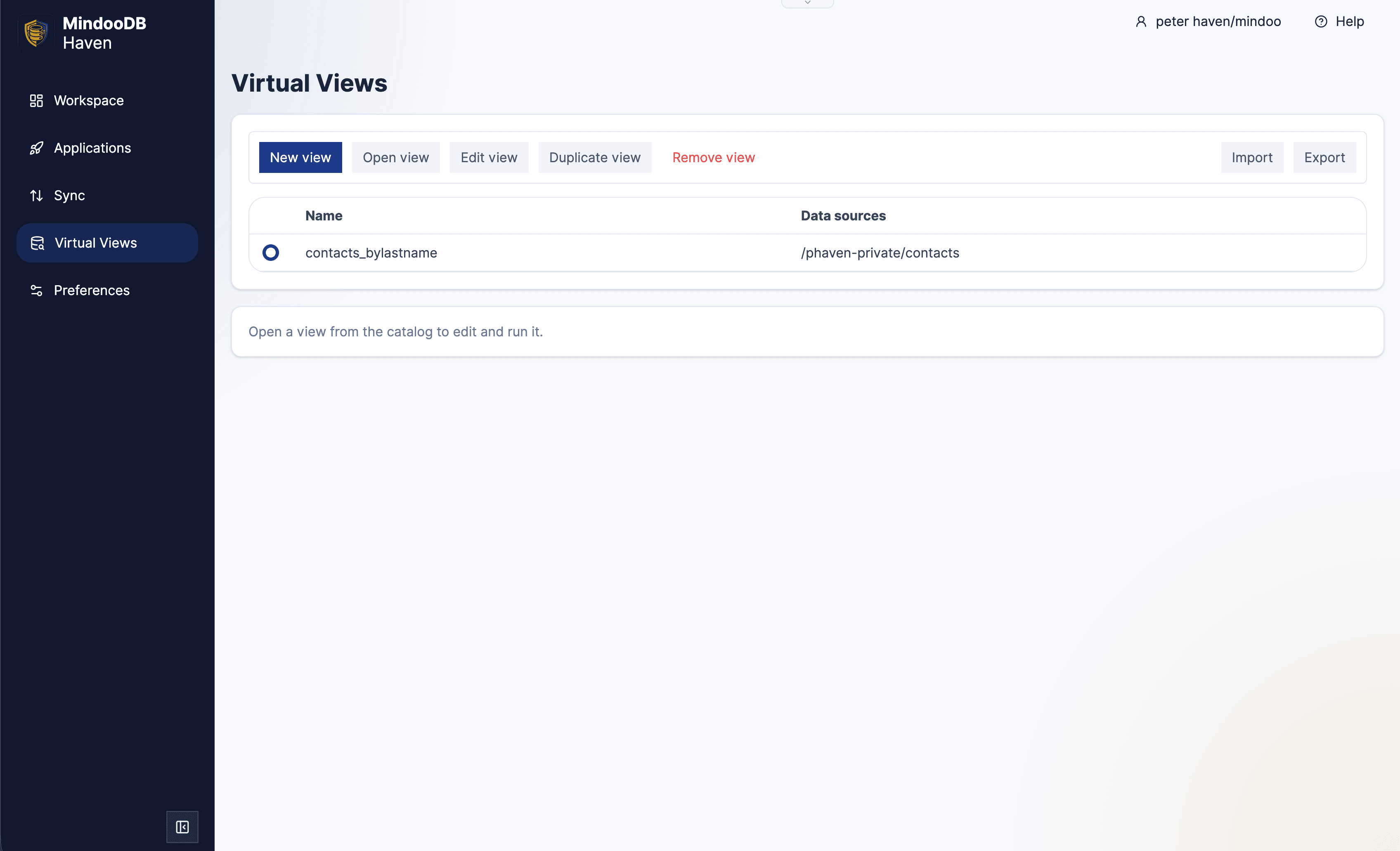 Haven Virtual Views builder showing data sources, filters, and columns