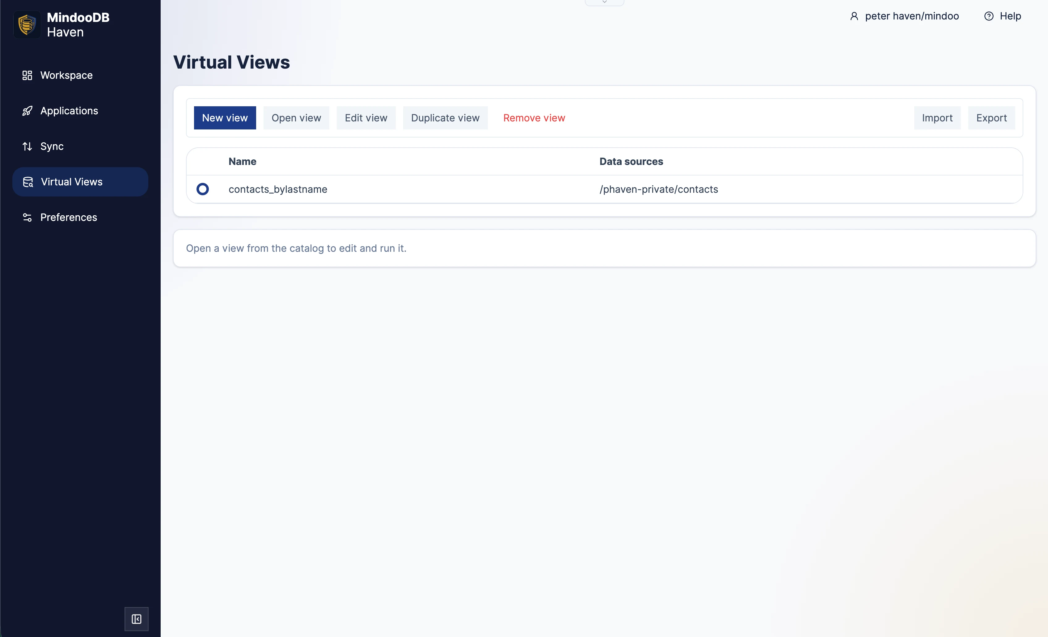 Haven Virtual Views builder showing data sources, filters, and columns