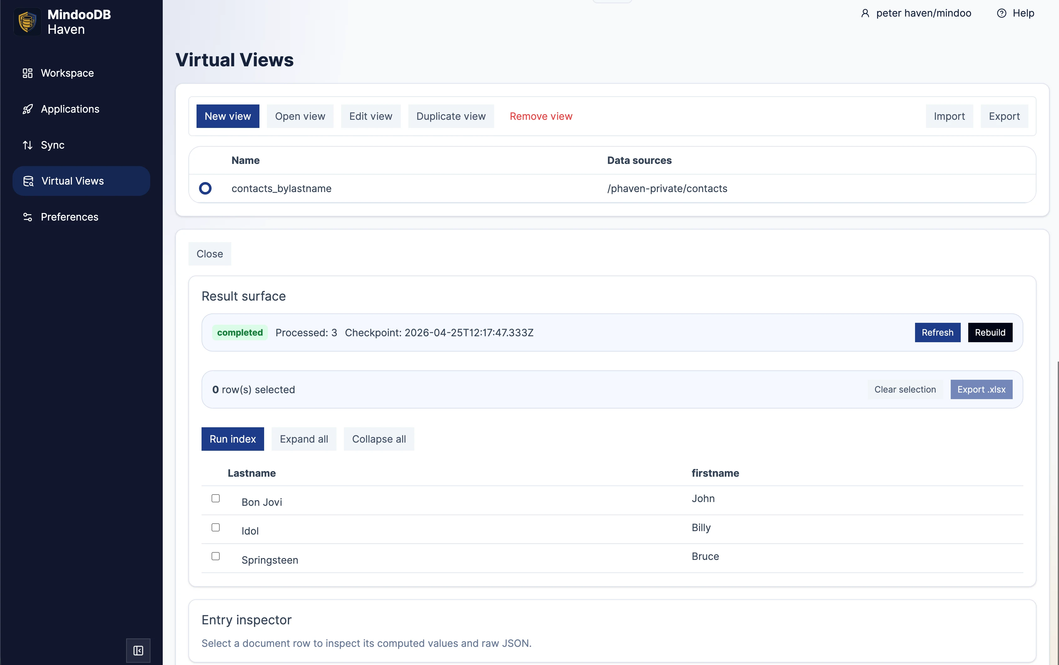 Haven Virtual Views result surface previewing computed rows