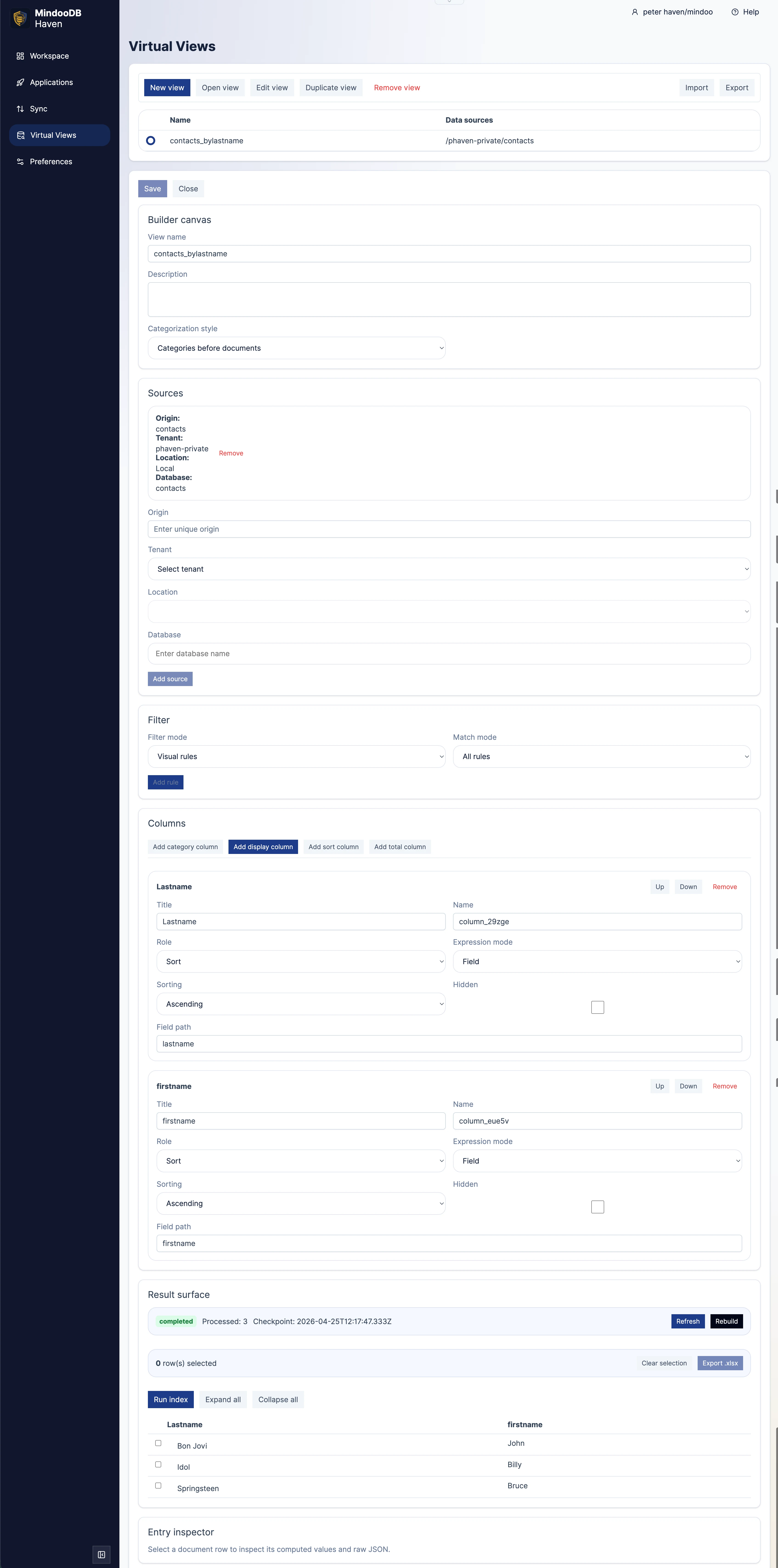 Haven Virtual Views full configuration page with builder canvas and result preview