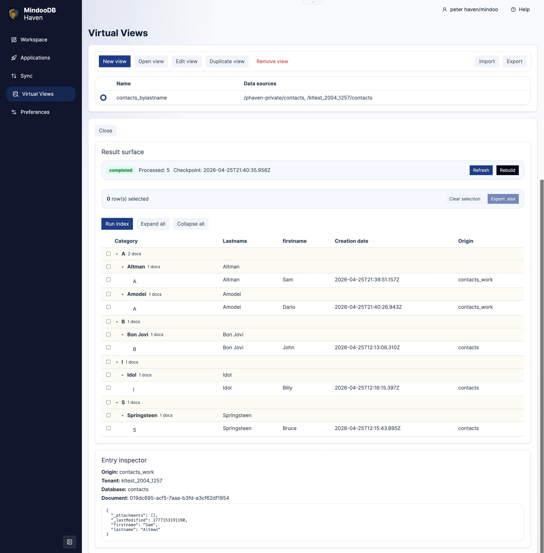 Haven Virtual Views result surface showing a multi-level categorized contacts view across two databases