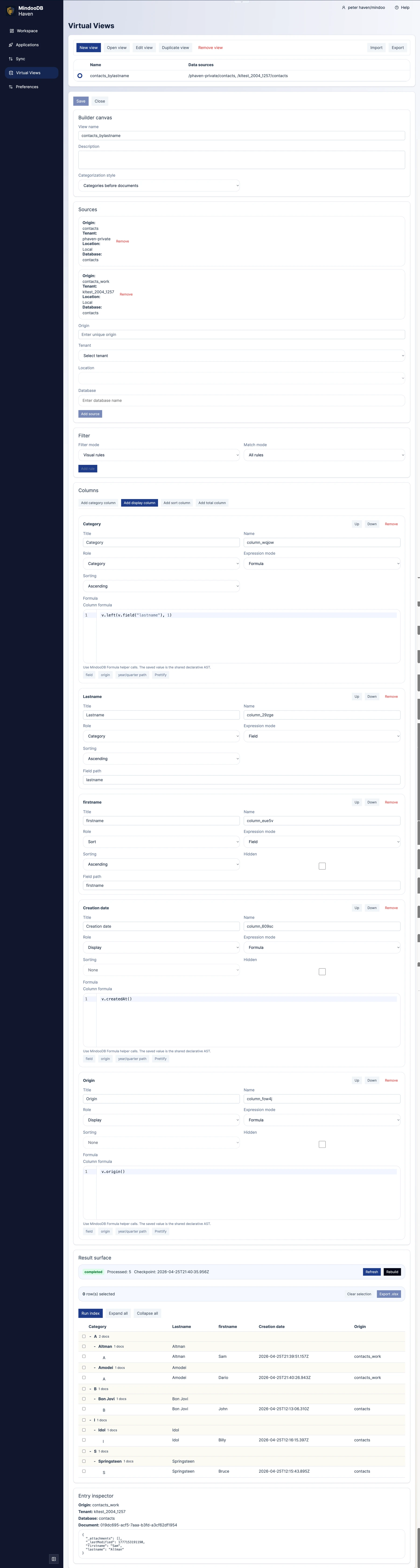 Haven Virtual Views designer showing expressions for computing categories, columns, creation dates, and origin databases