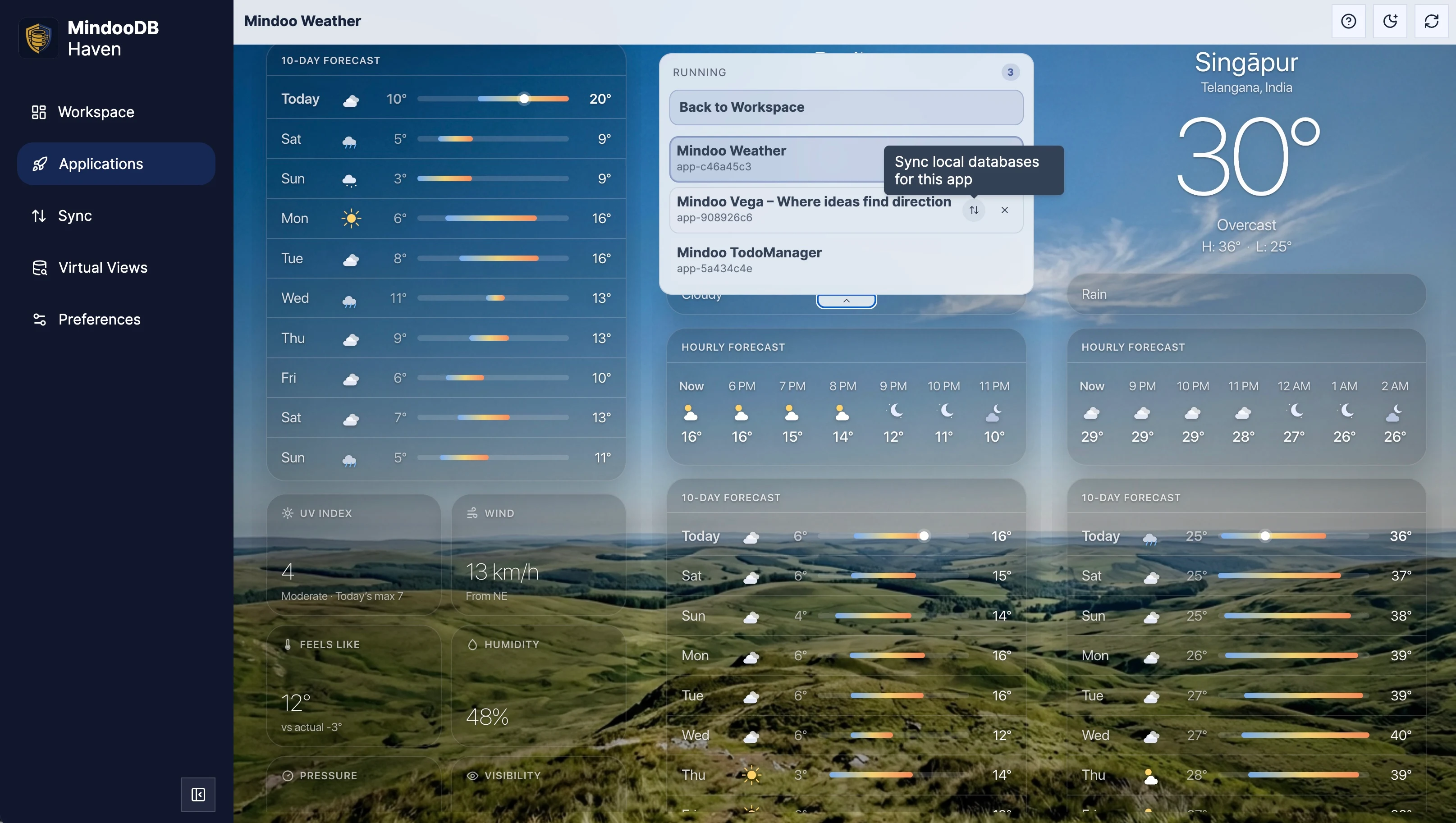 Mindoo Weather on a wide Haven workspace with the expanded running app switcher visible and a sync action for the local app database