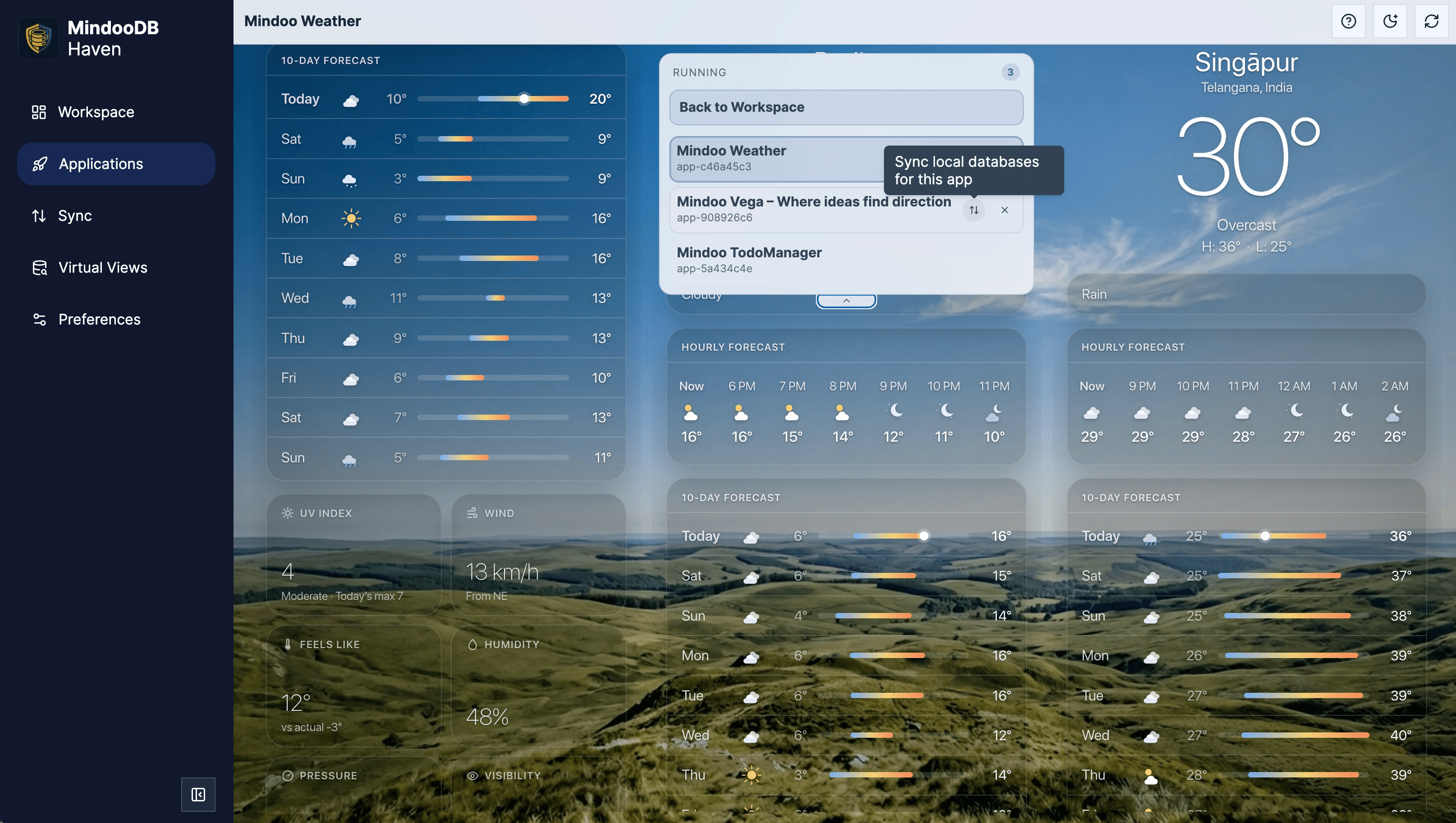 Mindoo Weather on a wide Haven workspace with the expanded running app switcher visible and a sync action for the local app database
