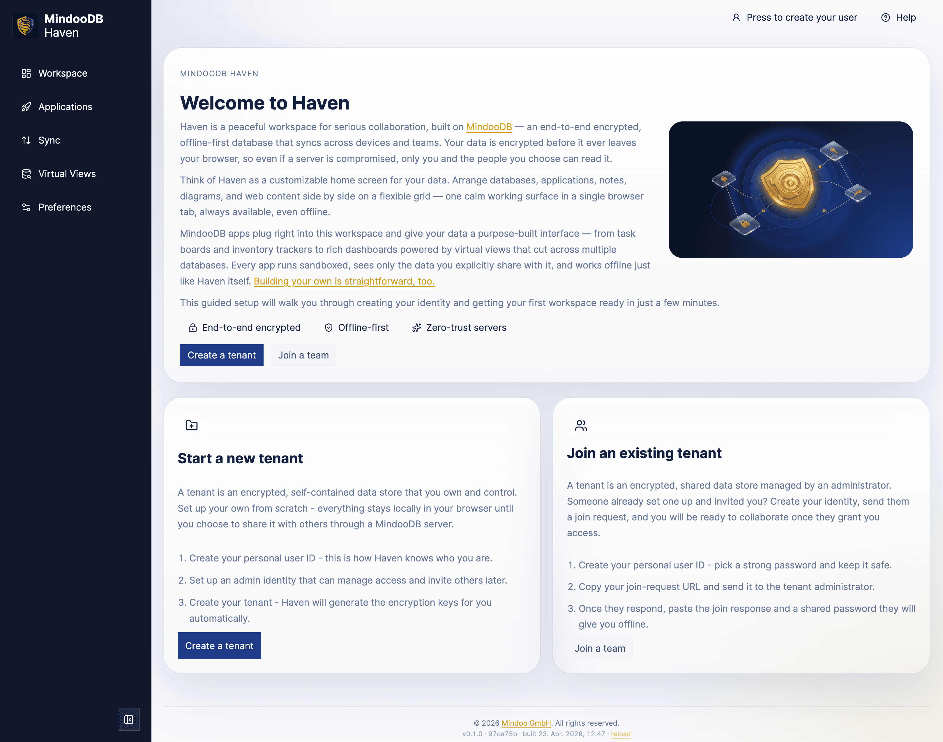 MindooDB Haven welcome screen for creating a tenant or joining an existing team