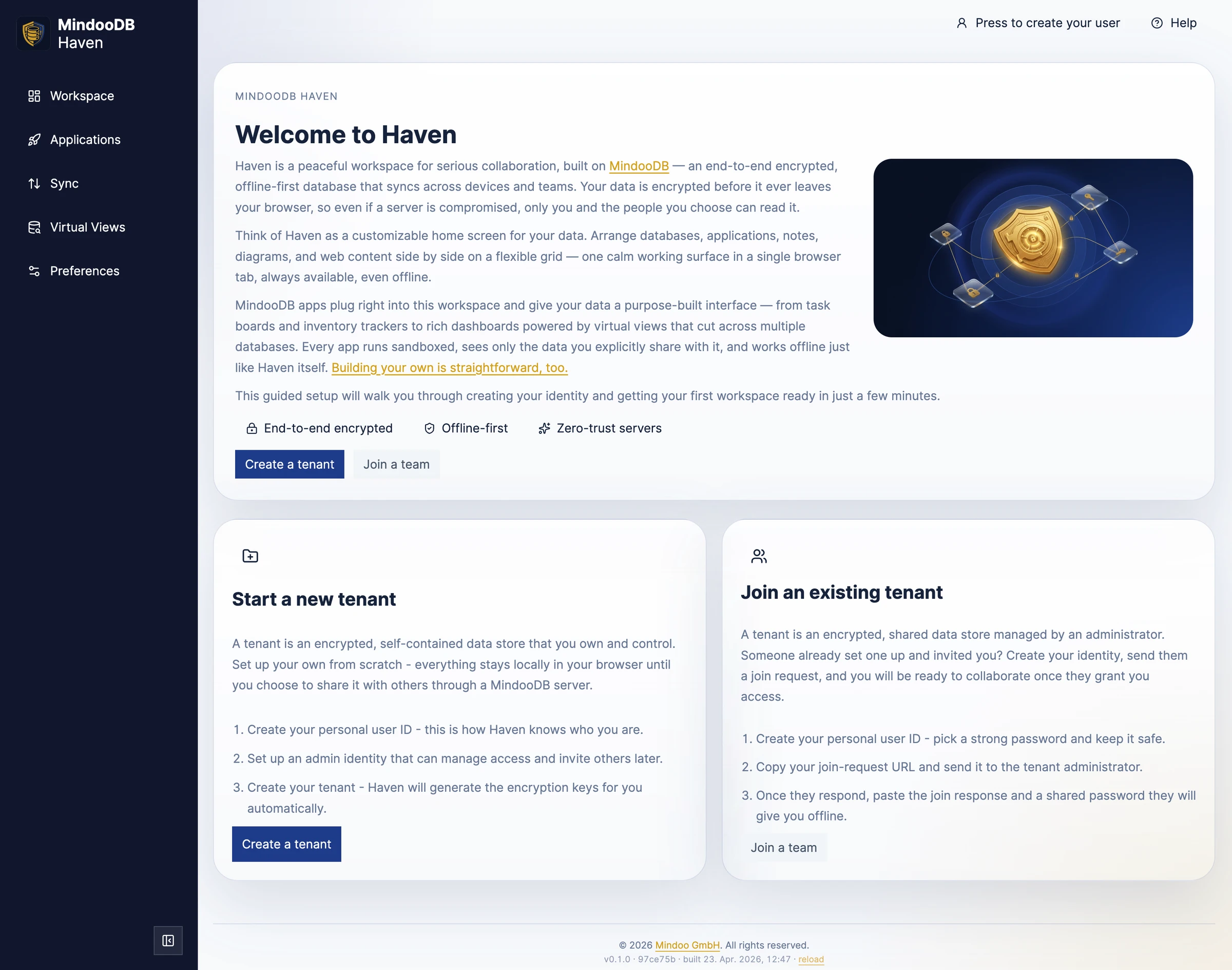 MindooDB Haven welcome screen for creating a tenant or joining an existing team