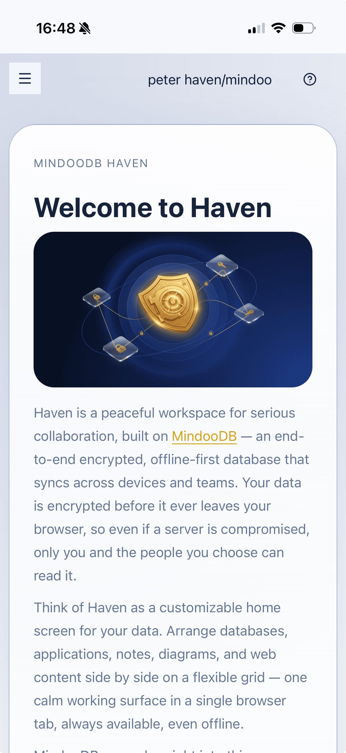 Haven welcome screen on iPhone running as an installed PWA