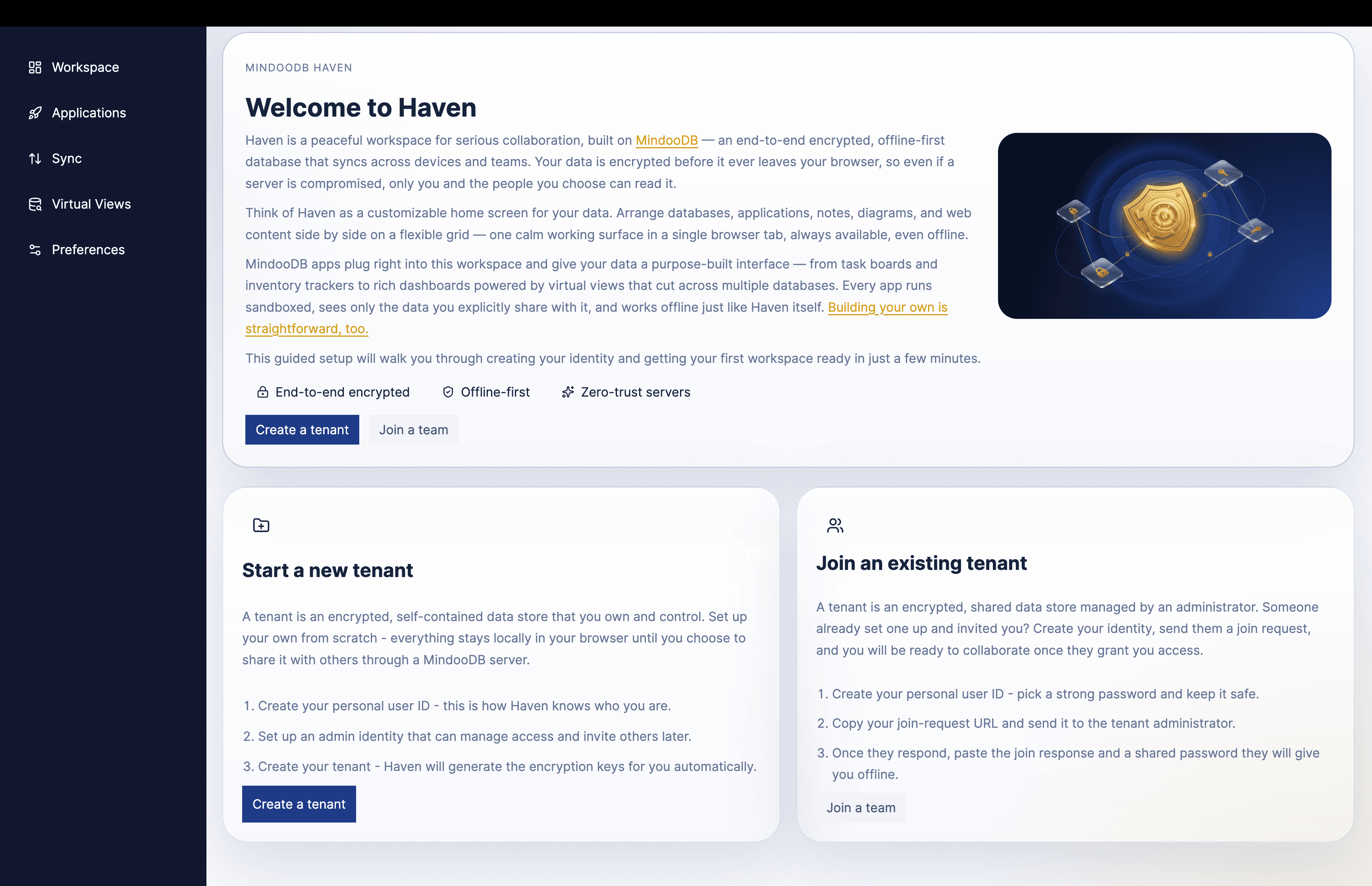 MindooDB Haven welcome screen in light mode