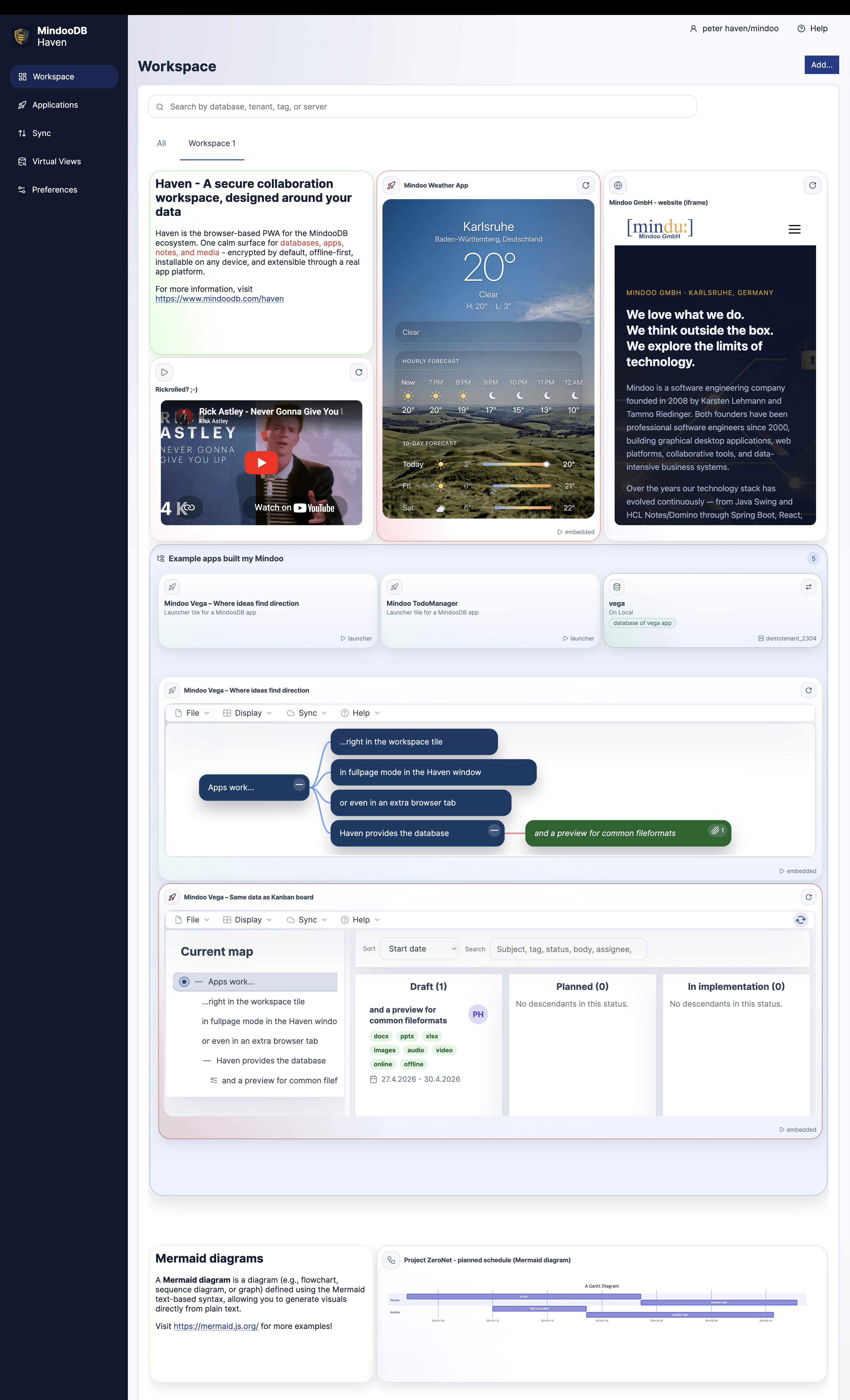 Long Haven workspace screenshot showing notes, media, embedded web content, running apps, a mind map, a Kanban board, and Mermaid diagrams in one large workspace page