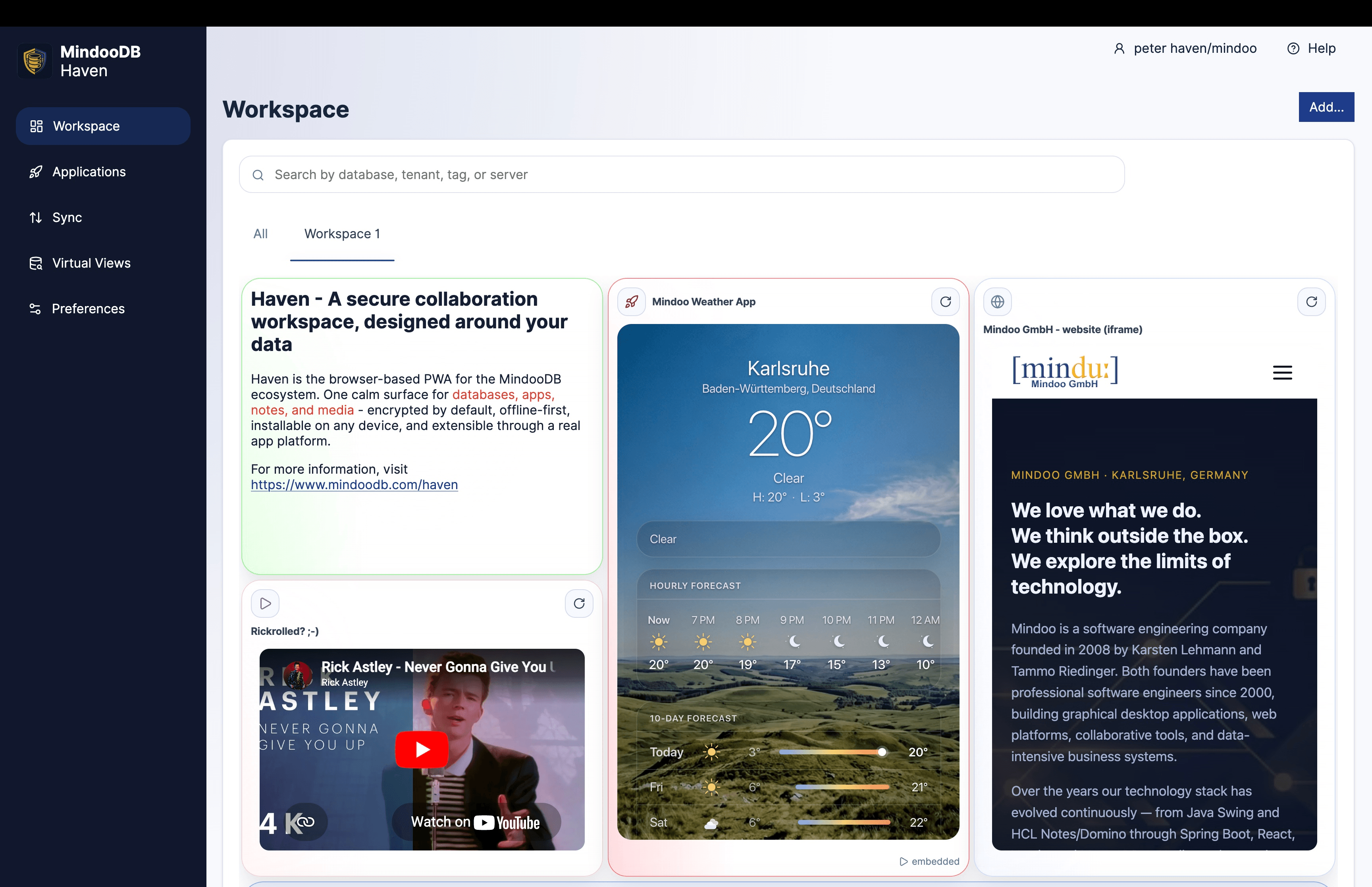 MindooDB Haven workspace upper section showing a mixed tile layout with notes, the Weather app, embedded web content, media, and running app tiles