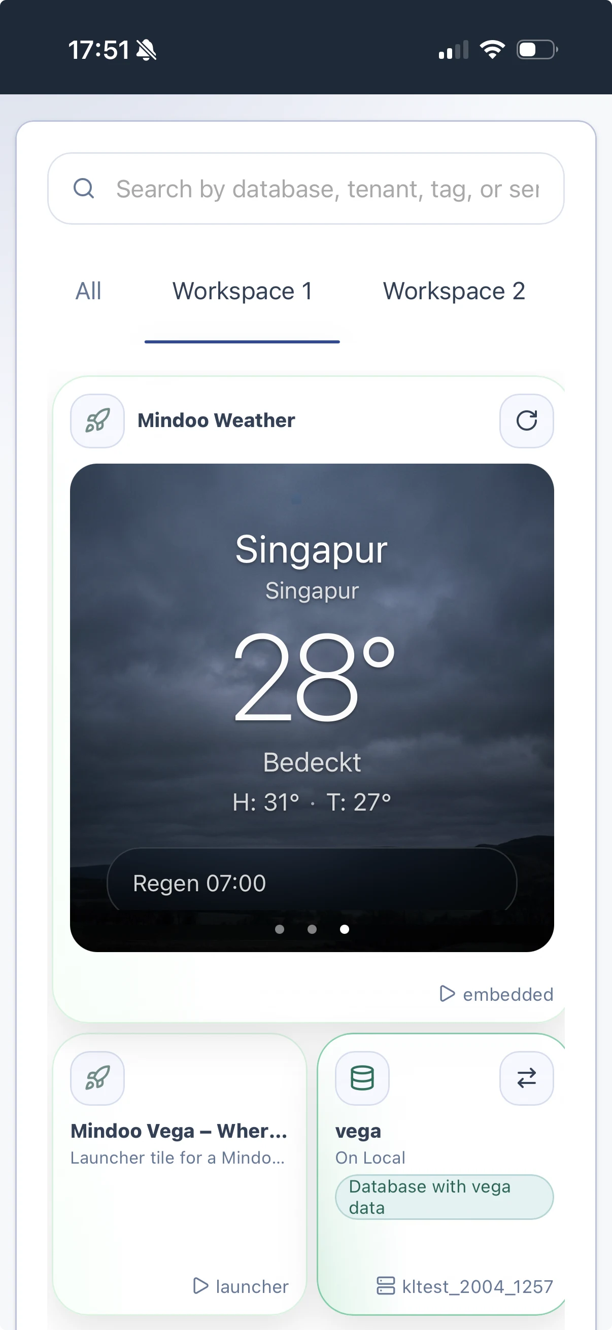 Haven workspace page on iPhone showing tiles including Weather, launcher, and database tiles