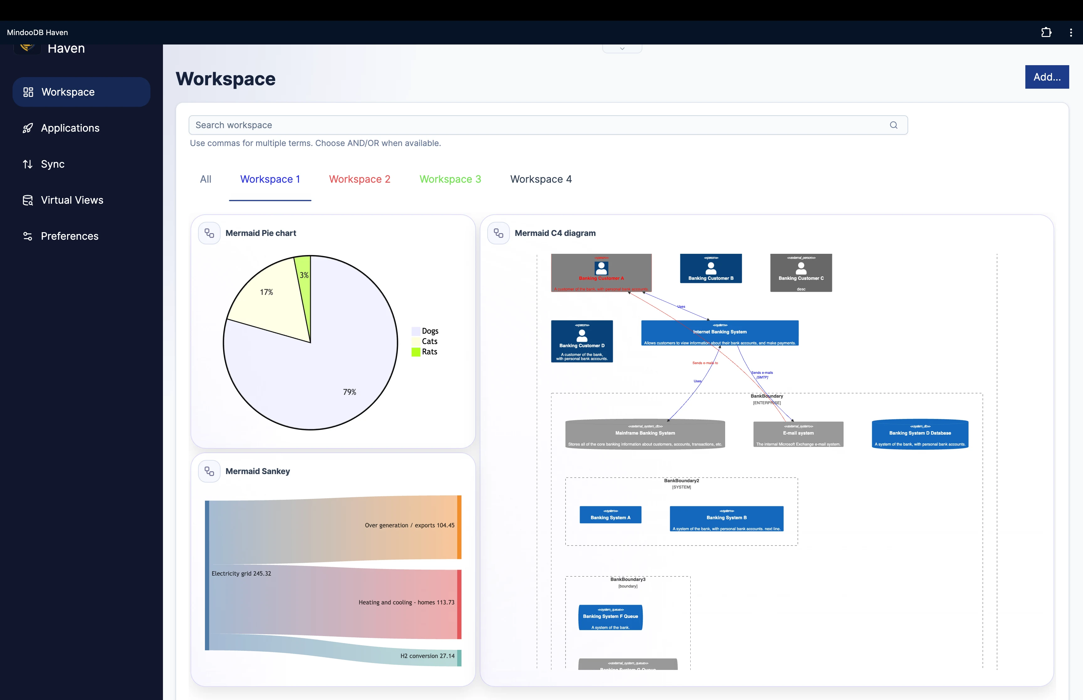 Haven workspace showing Mermaid diagram tiles on a workspace page