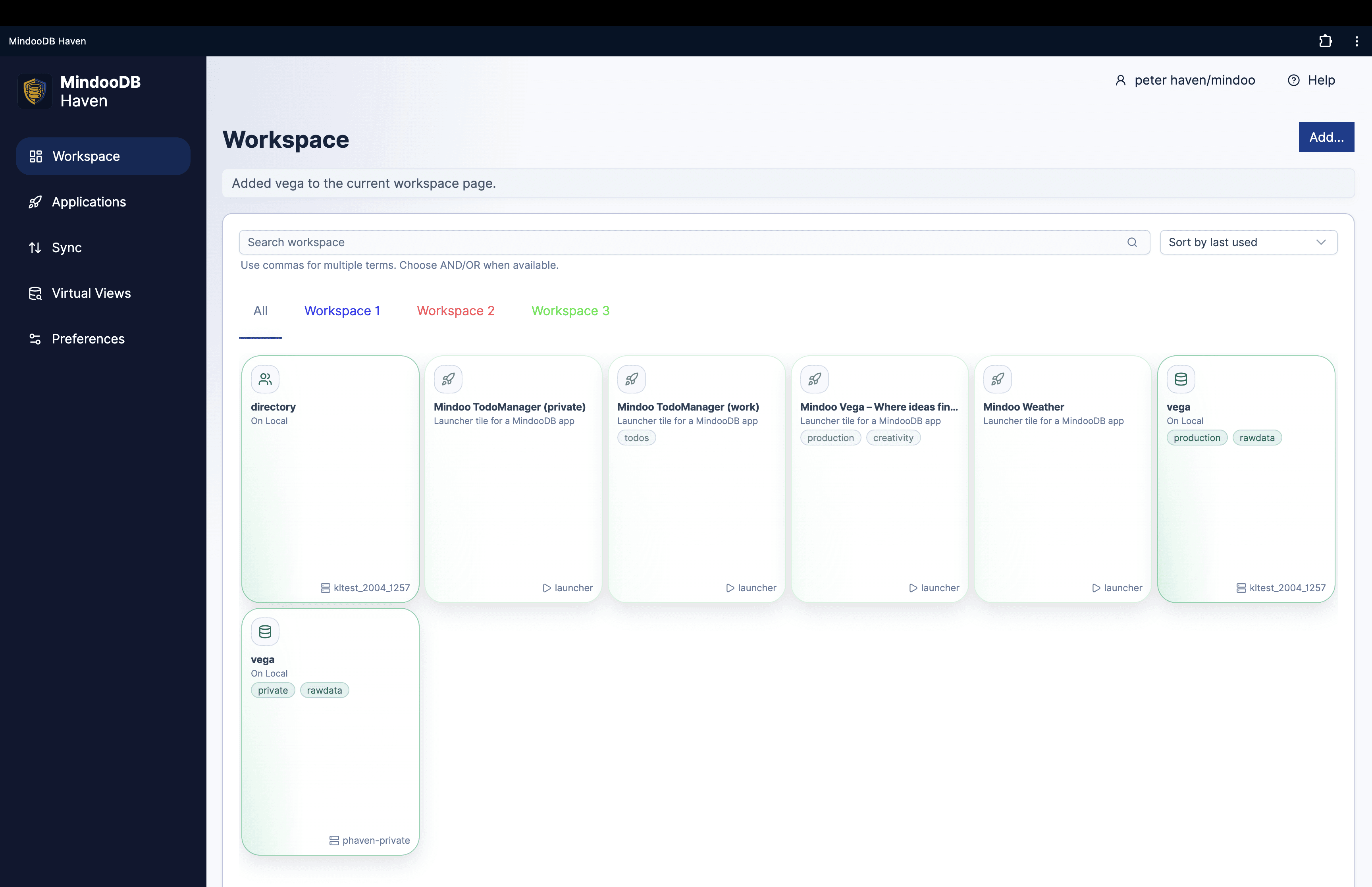 Haven workspace search on the All page showing applications and databases from all workspace pages