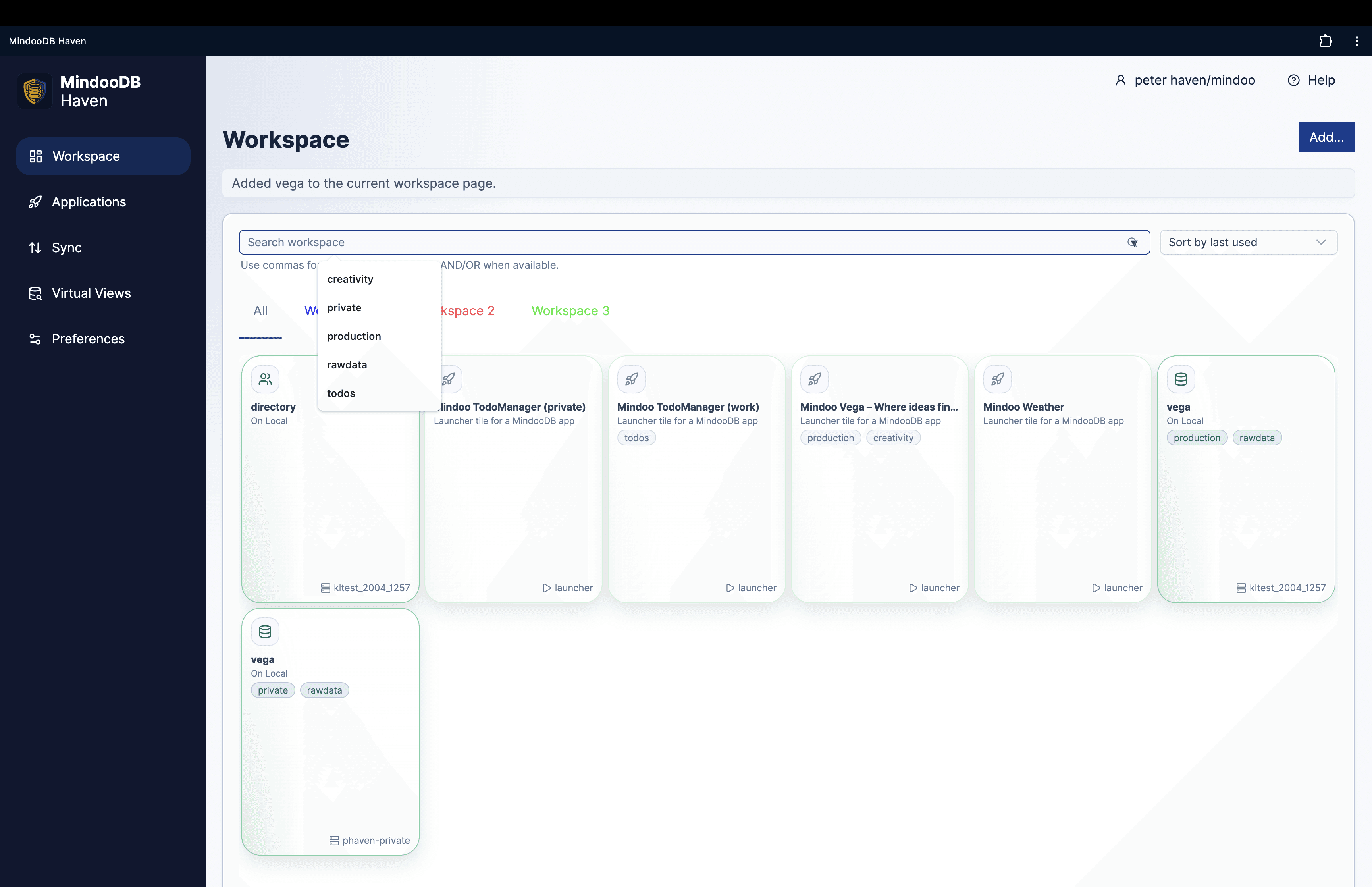 Haven workspace search suggestions based on tags used by workspace tiles