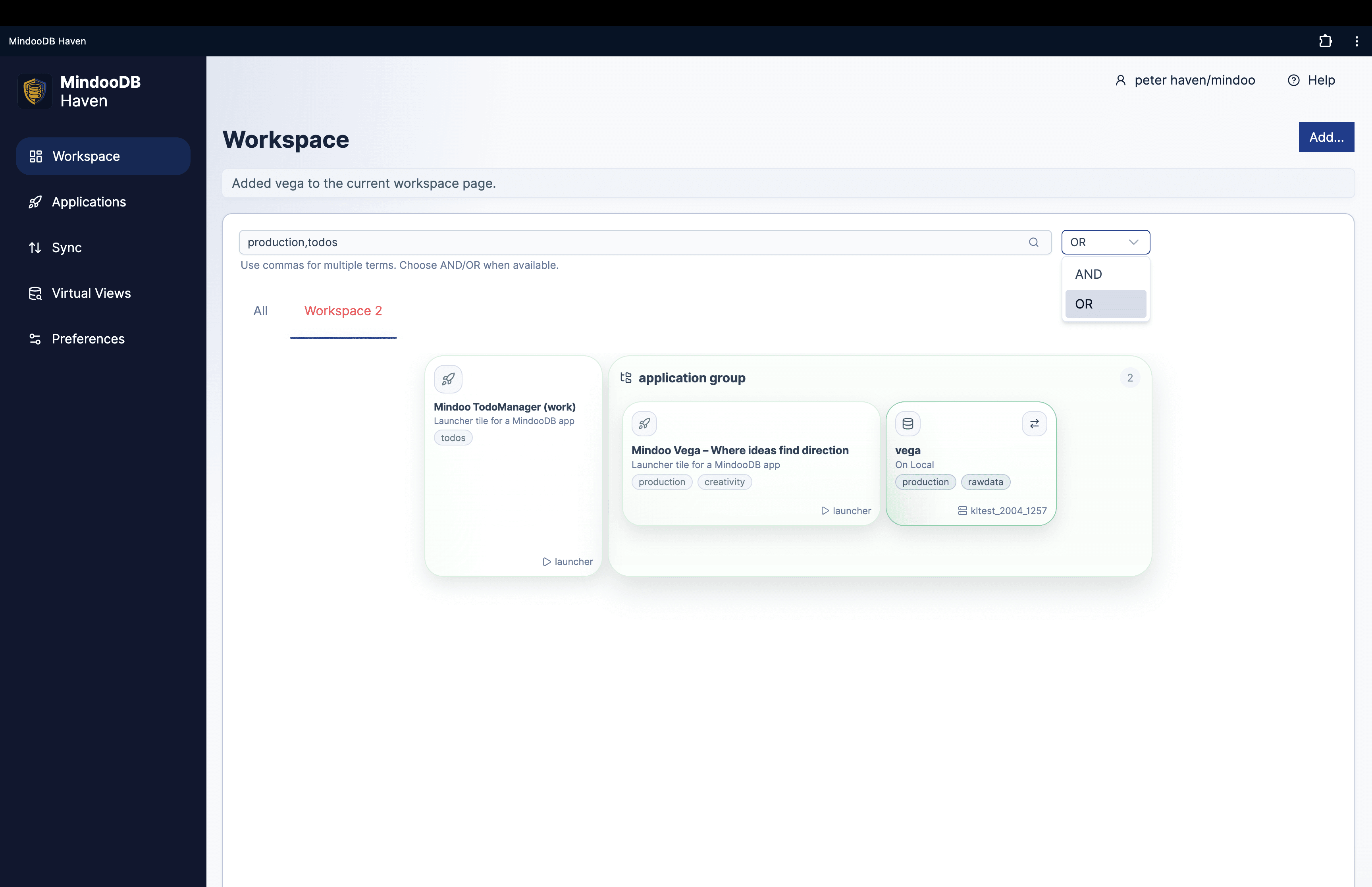 Haven workspace search using multiple search terms with AND OR matching