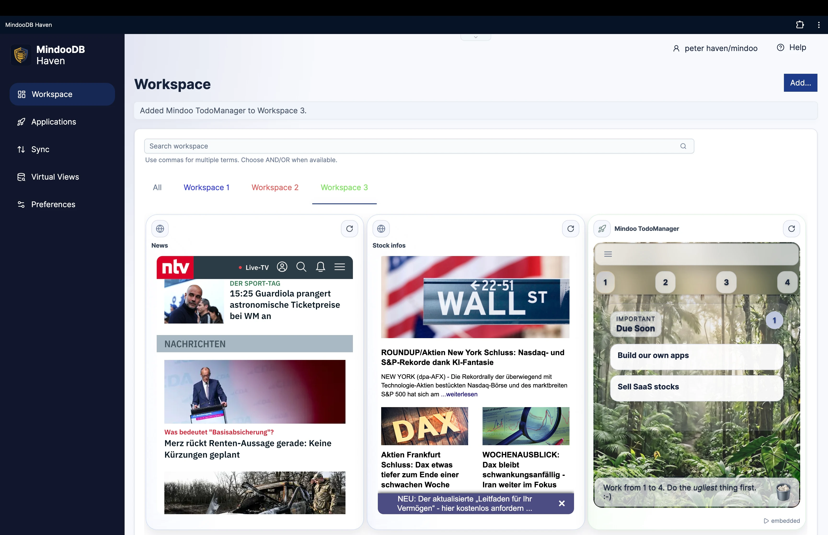 Haven workspace showing news, stock information, and an embedded TodoManager app on one workspace page