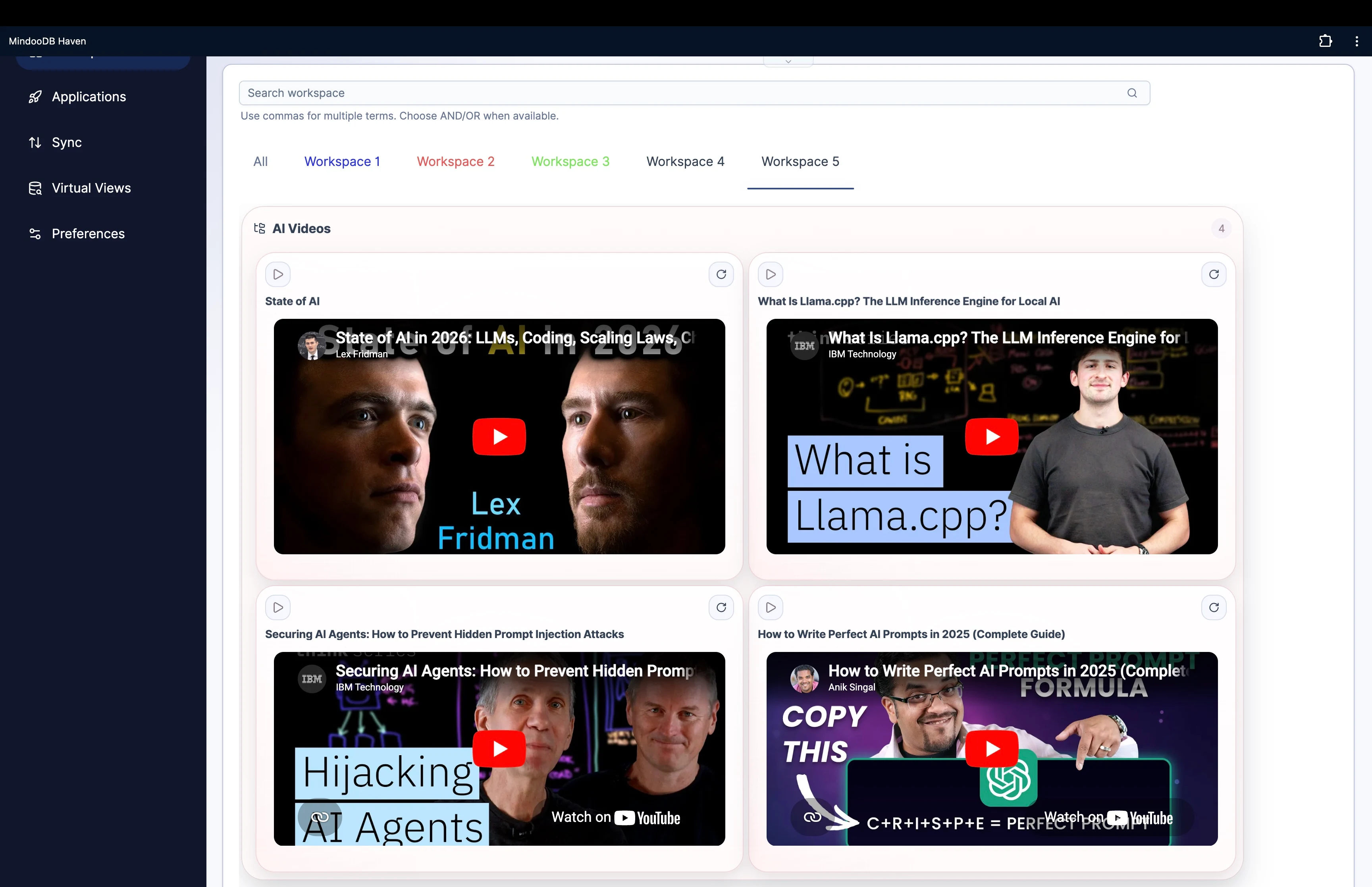 Haven workspace showing a group of AI video tiles embedded in a workspace page