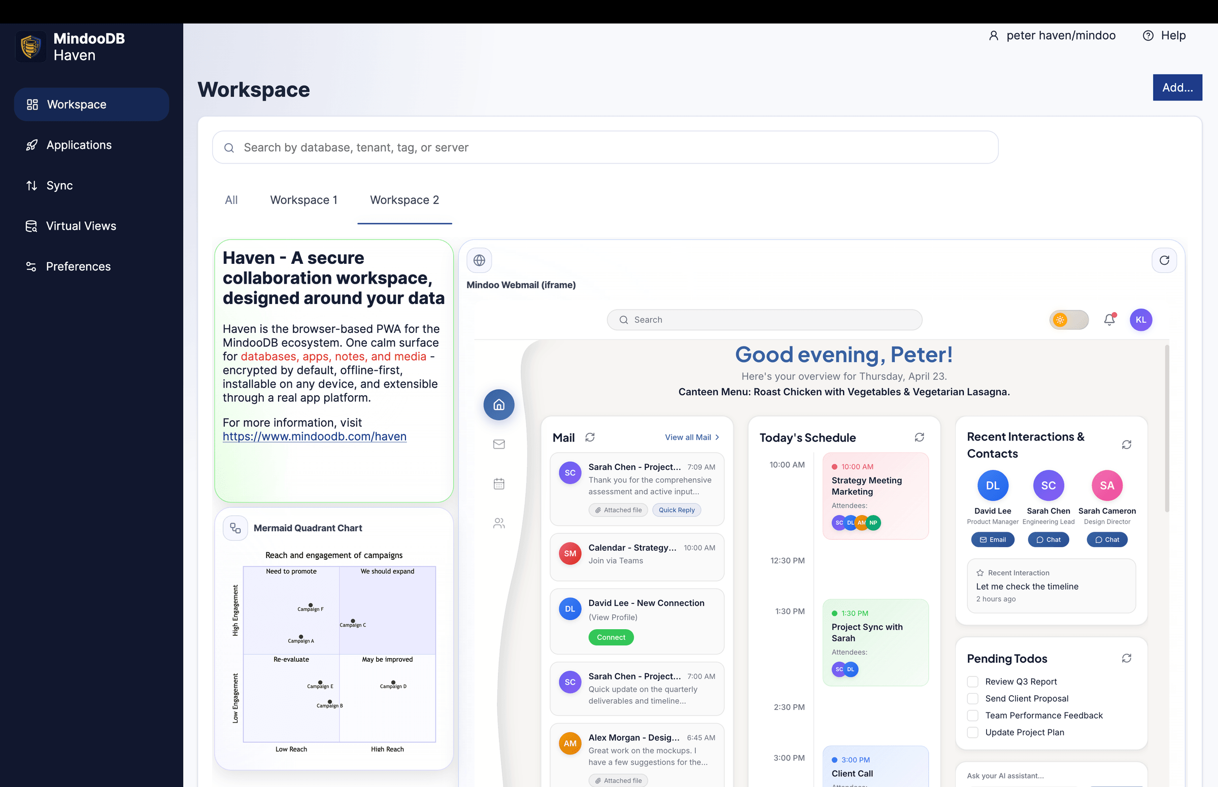 Haven workspace screenshot showing tiles with webmail, notes, and apps - the user-facing layer of the MindooDB stack