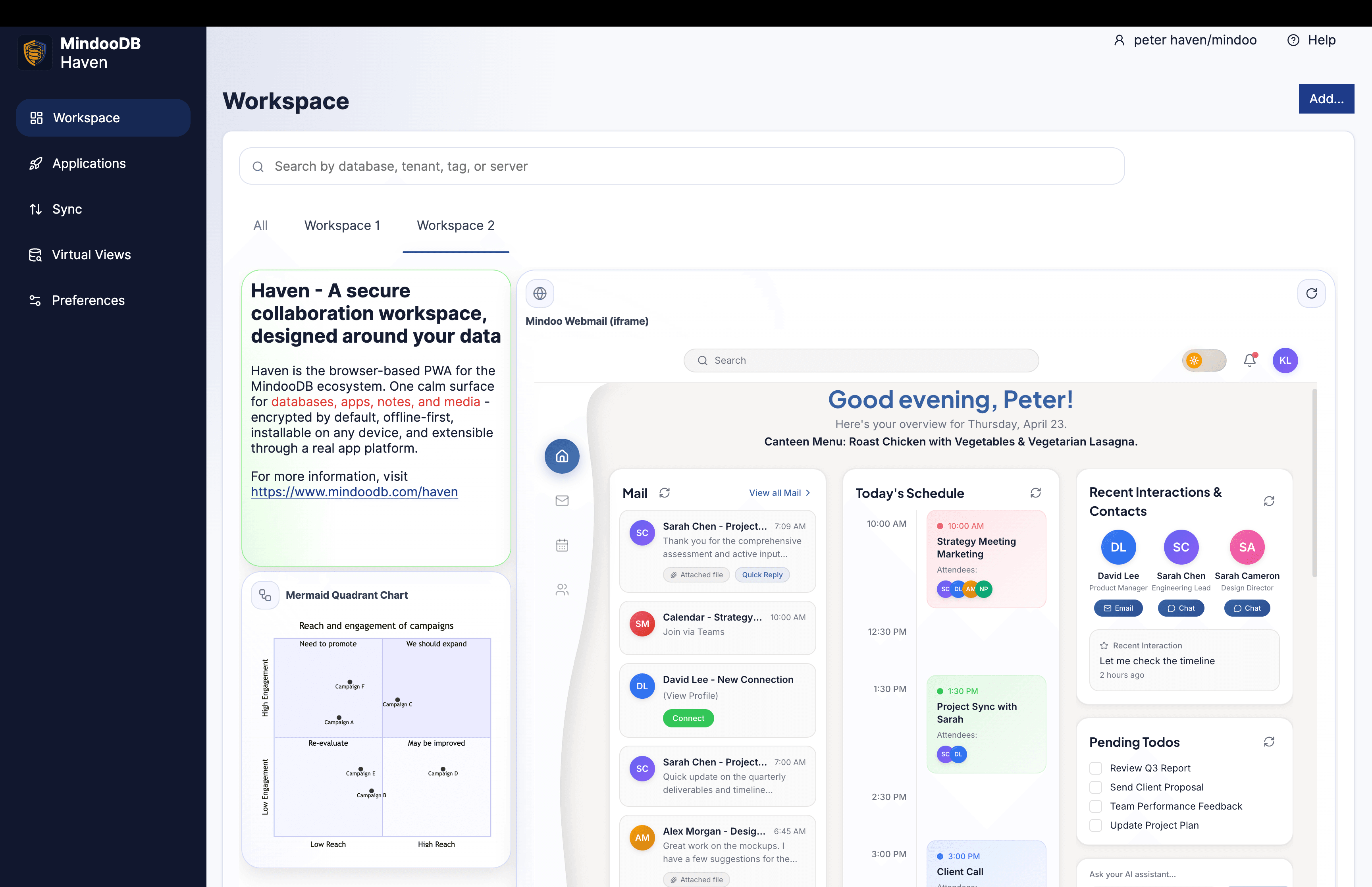 Haven workspace screenshot showing tiles with webmail, notes, and apps - the user-facing layer of the MindooDB stack