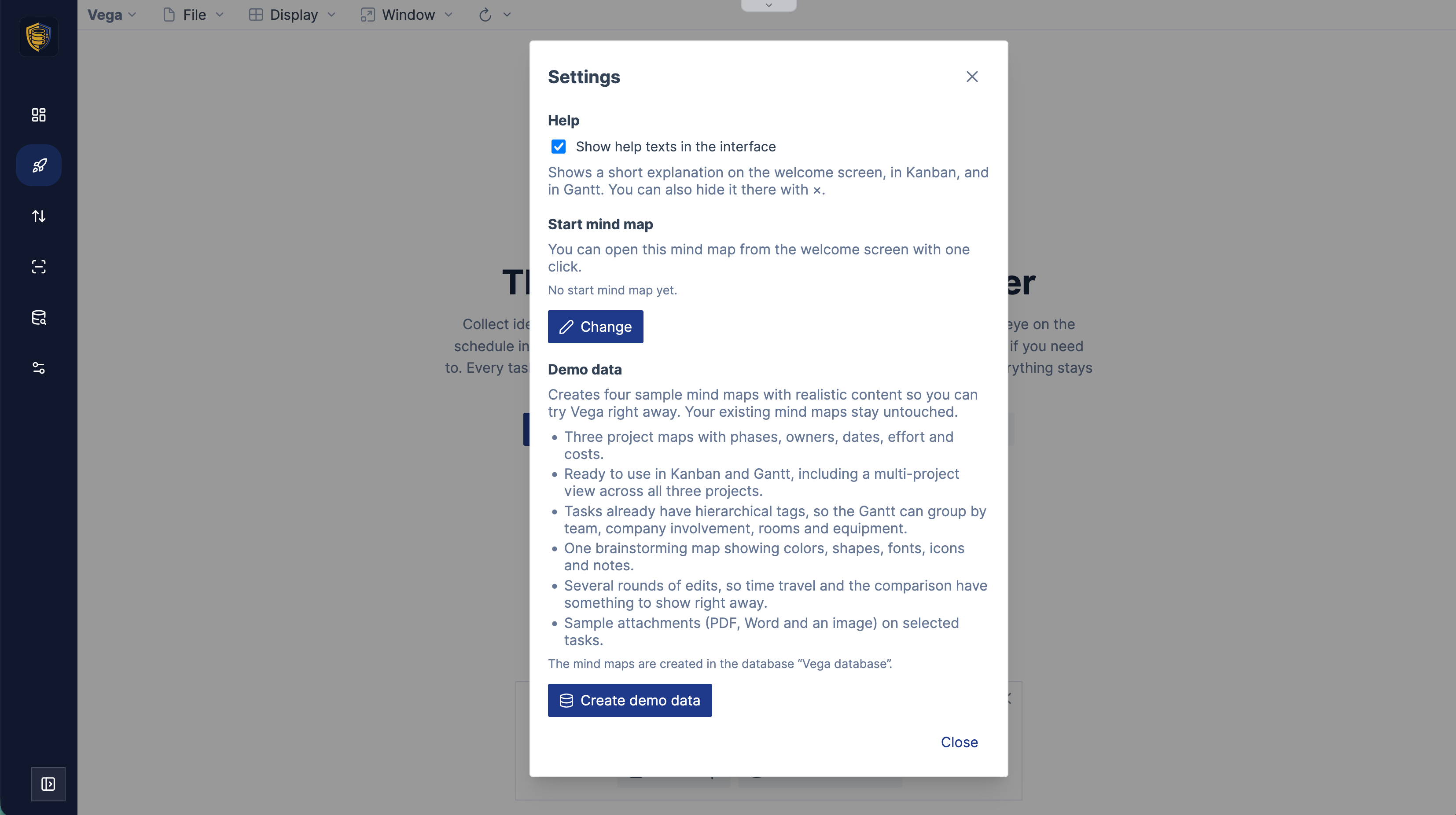 The Vega Settings dialog: a help-texts option, a start mind map setting, and a Demo data section listing what the sample maps contain, with a "Create demo data" button