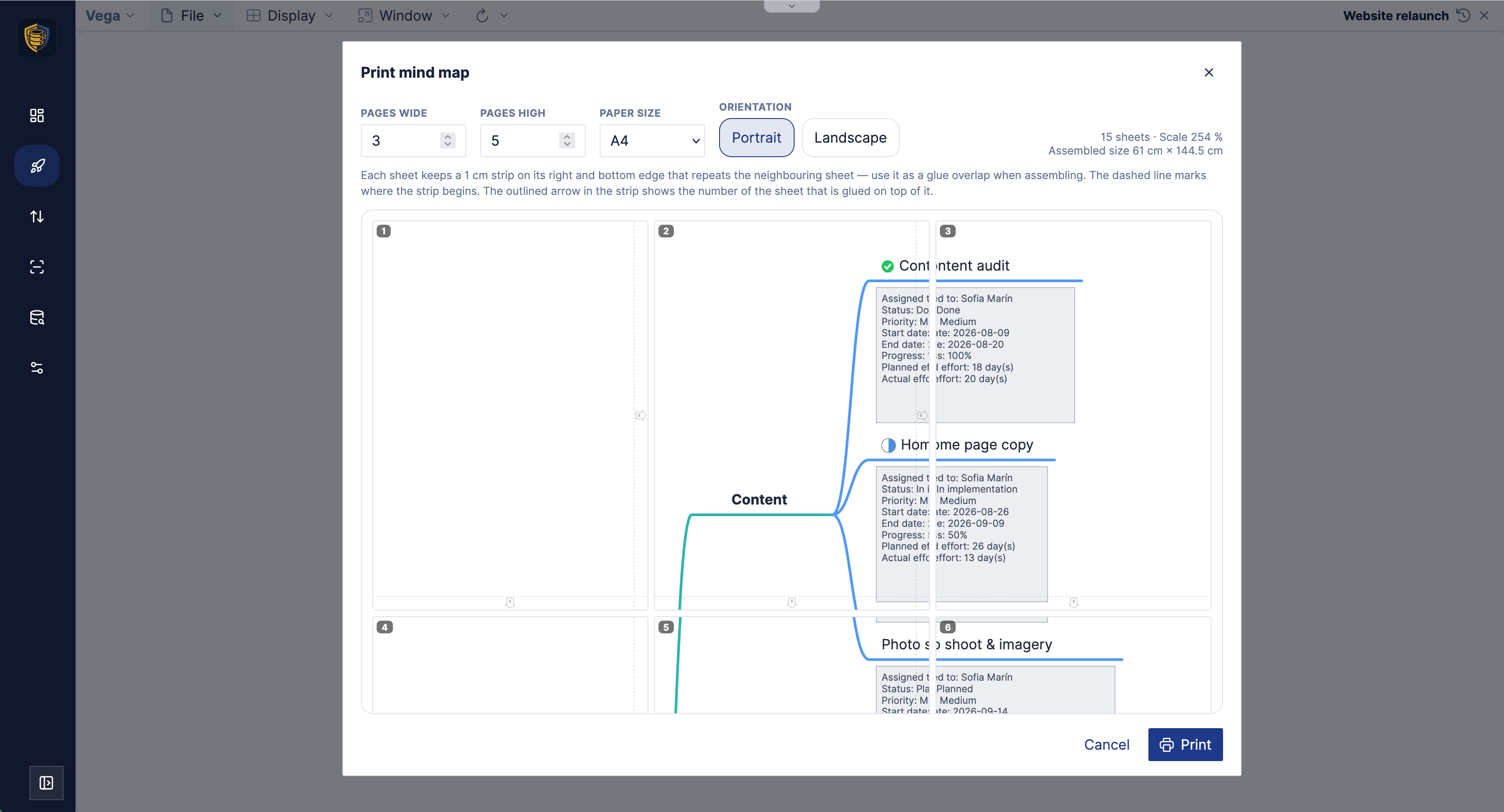 The Vega "Print mind map" dialog: 3 pages wide by 5 high on A4 portrait, reported as 15 sheets at 254 % scale for an assembled size of 61 cm × 144.5 cm, with a live preview of the tiled sheets and their glue strips