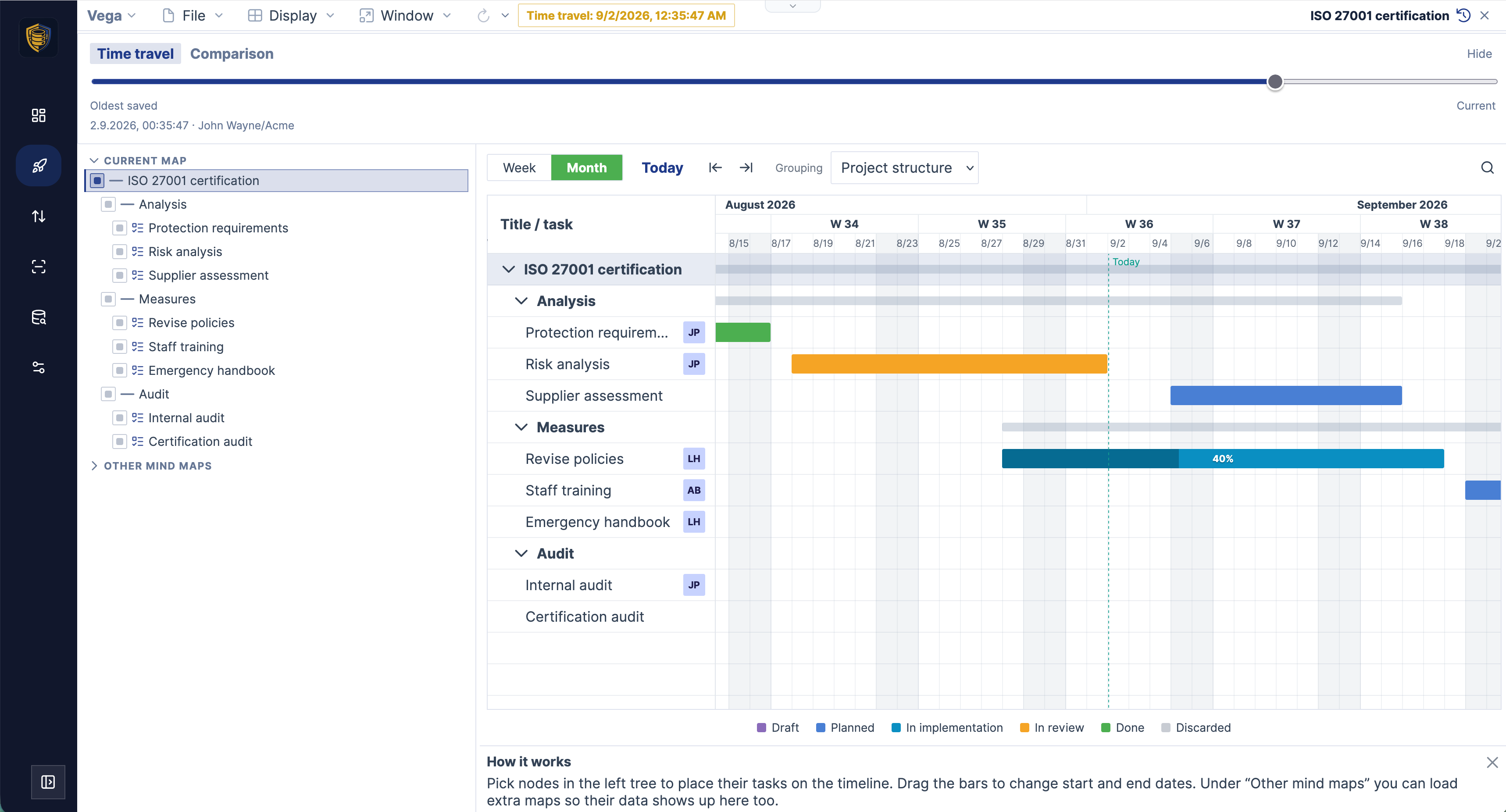 The Vega Gantt chart in time-travel mode: an orange "Time travel: 9/2/2026, 12:35:47 AM" chip in the toolbar, a history slider from the oldest saved revision to current, and the timeline rendered as it stood at that moment