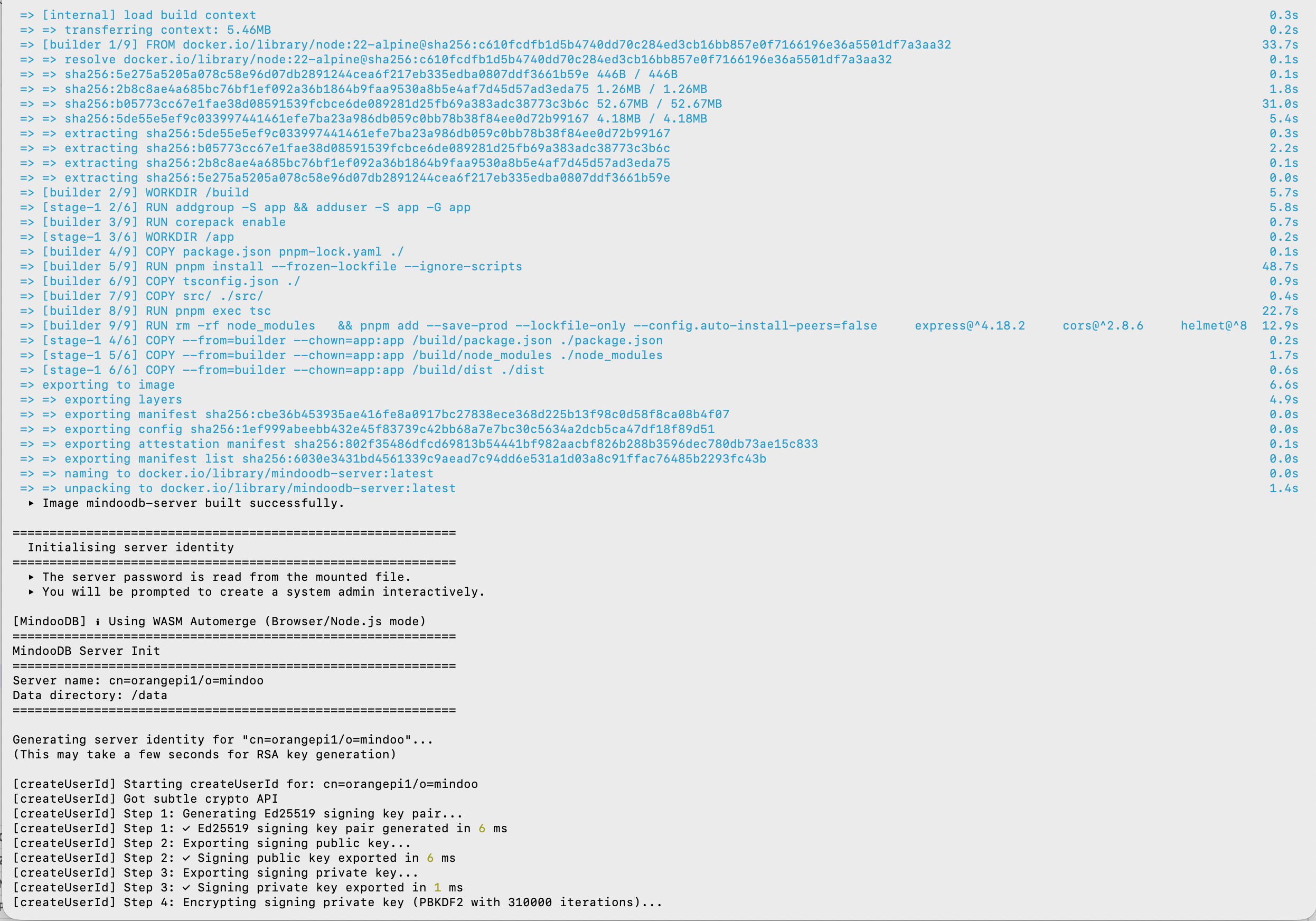 The Docker build log on the Orange Pi: pnpm install --frozen-lockfile at 48.7s, the TypeScript compile step at 22.7s, the production dependency install at 12.9s, the layers exported, and the closing line "Image mindoodb-server built successfully", followed by the start of the server identity initialisation
