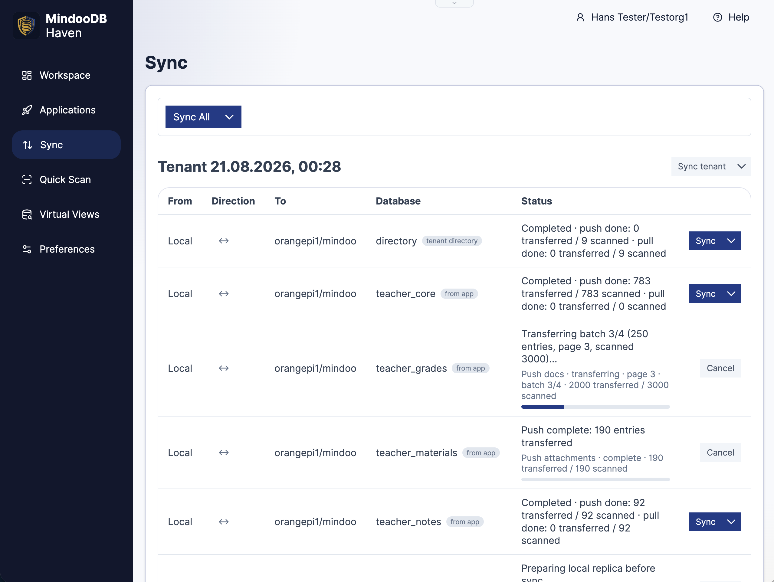 The Haven Sync page: a tenant syncing bidirectionally with orangepi1/mindoo, one row per database - directory completed with 9 entries scanned, teacher_core completed with 783 transferred, teacher_grades mid-flight on batch 3 of 4 with 2000 of 3000 transferred, teacher_materials reporting 190 attachments pushed, and teacher_notes completed with 92