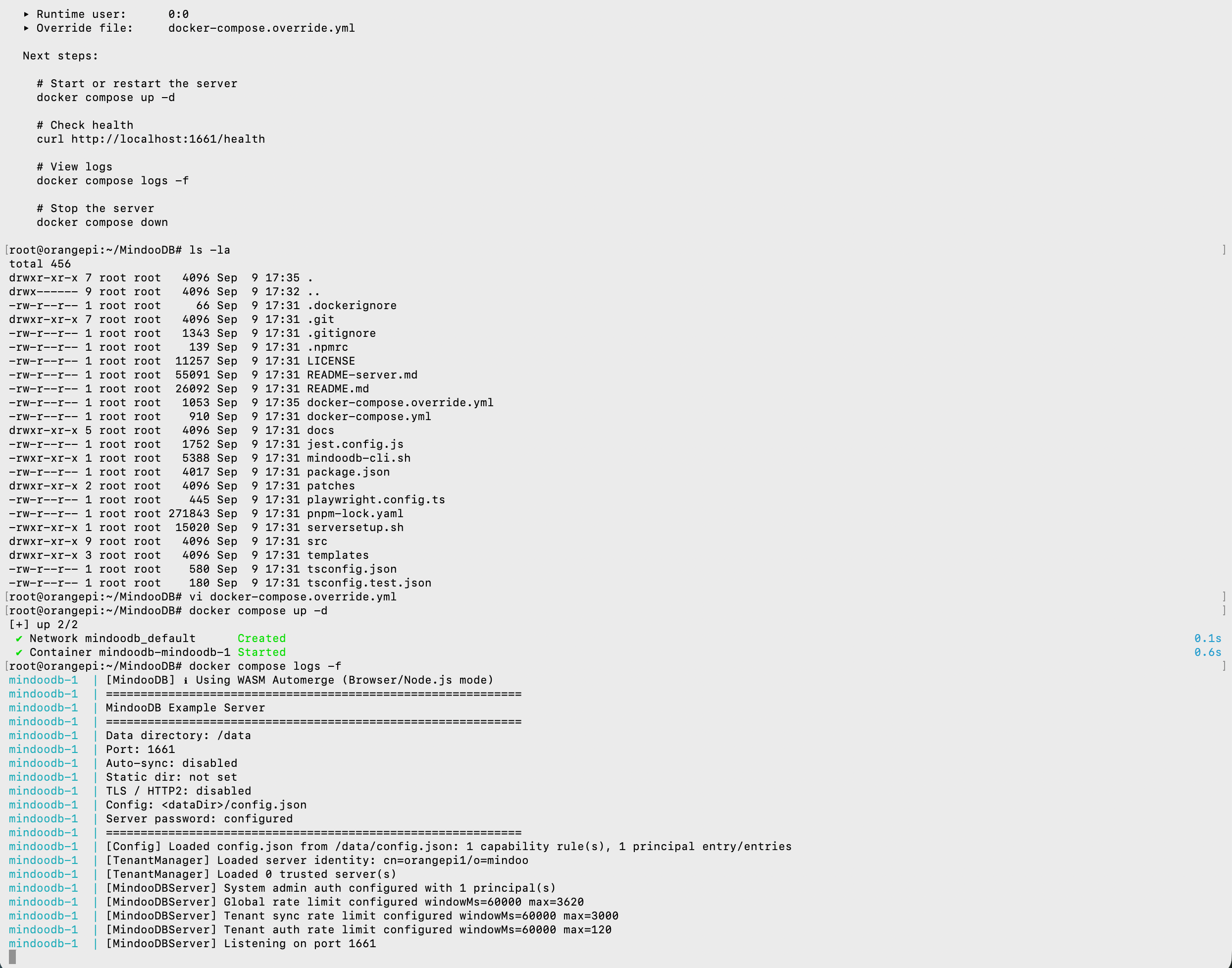 The Orange Pi terminal after docker compose up -d: the mindoodb-mindoodb-1 container started, and the server log opening with "Using WASM Automerge (Browser/Node.js mode)" and then showing the data directory /data, port 1661, TLS disabled, the config loaded with 1 capability rule and 1 principal, "Loaded server identity: cn=orangepi1/o=mindoo", 0 trusted servers, the global and per-tenant rate limits, and the final line "Listening on port 1661"