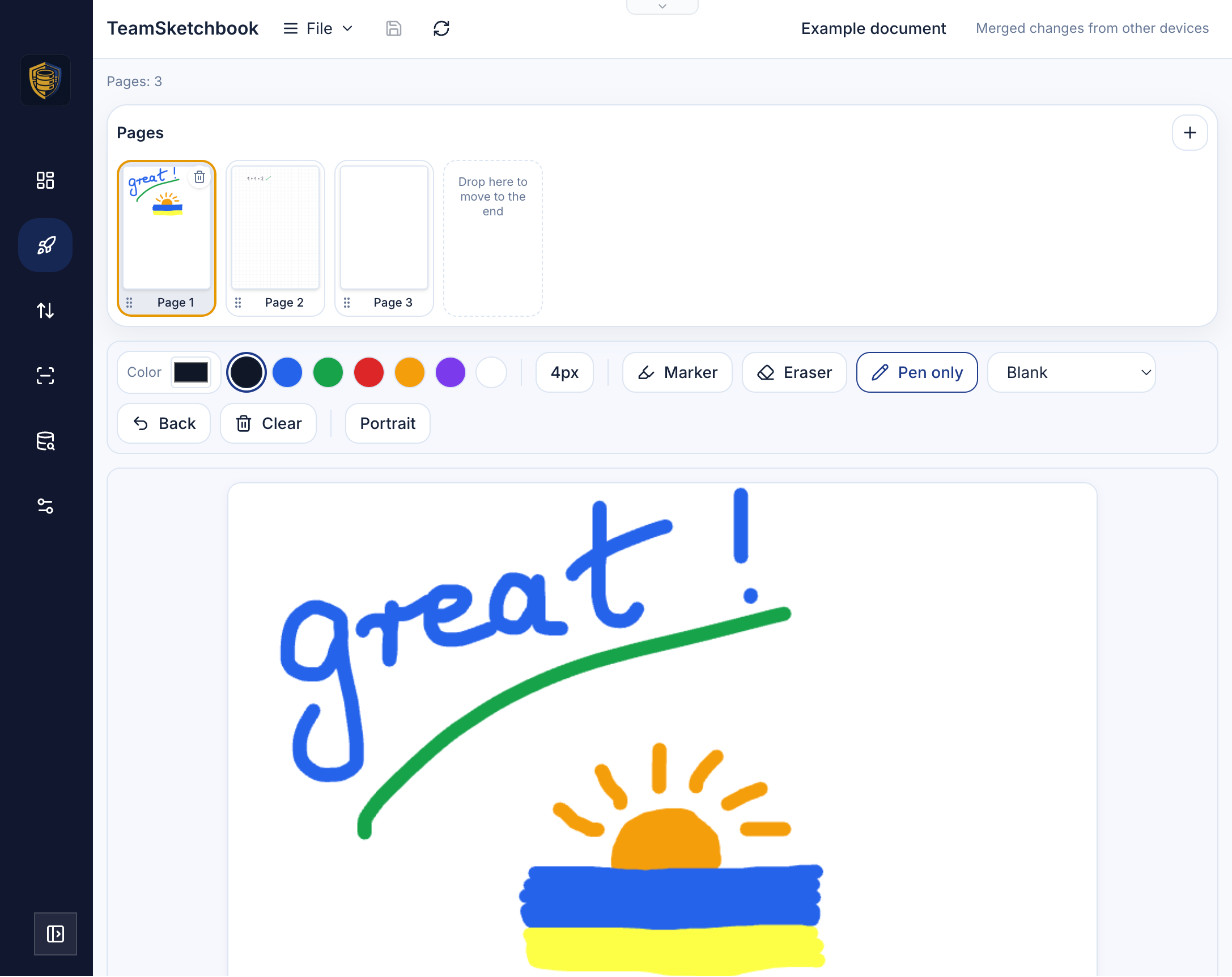 Mindoo TeamSketchbook with a multi-page rail at the top, a drawing toolbar, and a colourful "great!" sketch with a rising sun on the page