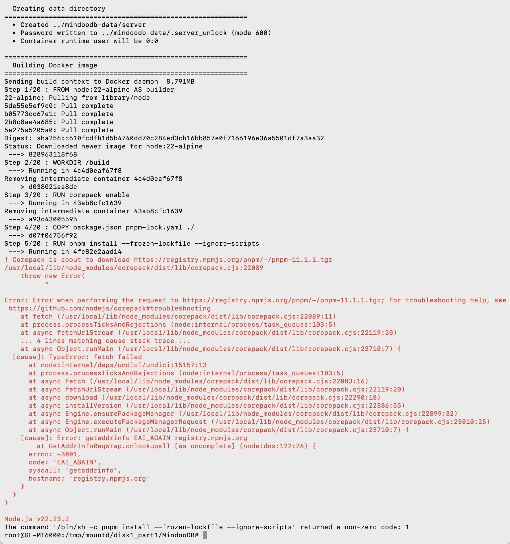 The Docker build log on the router failing at step 5 of 20, "RUN pnpm install --frozen-lockfile --ignore-scripts": Corepack tries to download pnpm 11.1.1 from registry.npmjs.org and throws "Error when performing the request to https://registry.npmjs.org/pnpm/-/pnpm-11.1.1.tgz", with a nested cause of "TypeError: fetch failed" and beneath it "Error: getaddrinfo EAI_AGAIN registry.npmjs.org", errno -3001, syscall getaddrinfo; the run ends with "The command '/bin/sh -c pnpm install --frozen-lockfile --ignore-scripts' returned a non-zero code: 1"