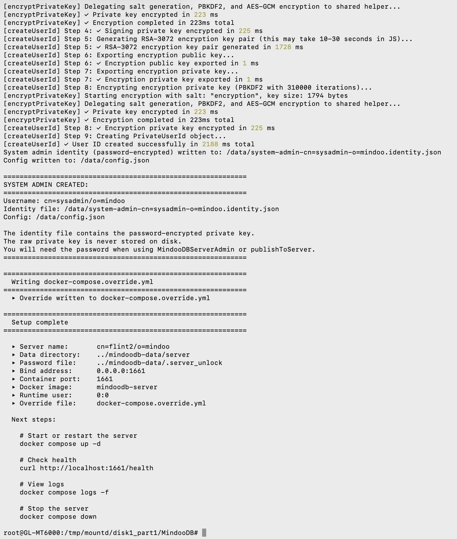 The tail of the setup run: the note that the identity file holds the password-encrypted private key and that the raw private key is never stored on disk, then "Writing docker-compose.override.yml" and the "Setup complete" summary listing server name cn=flint2/o=mindoo, data directory ../mindoodb-data/server, password file ../mindoodb-data/.server_unlock, bind address 0.0.0.0:1661, container port 1661, docker image mindoodb-server, runtime user 0:0 and the override file, followed by the next-step commands for starting the server, curling the health endpoint, viewing the logs and shutting it down