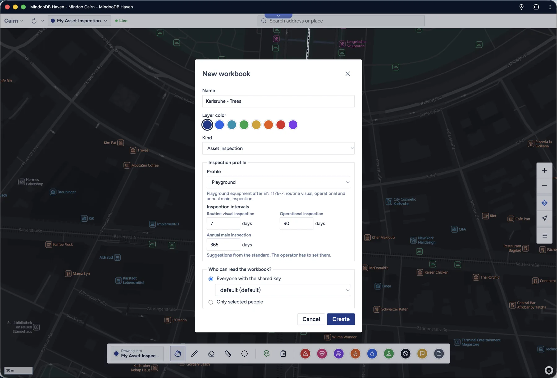 Creating an asset inspection workbook: the profile for playground equipment with its inspection intervals and the choice of who may read the workbook