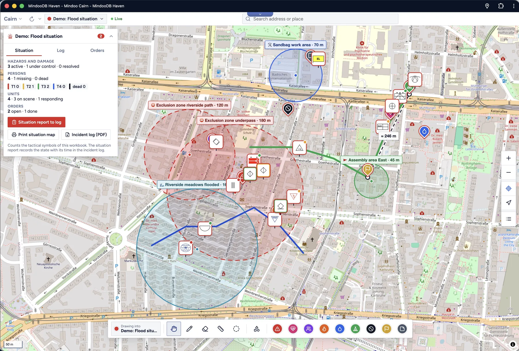 A crisis situation map with circular exclusion and flood areas, tactical symbols, a planned route and, on the left, the situation overview with counts per category