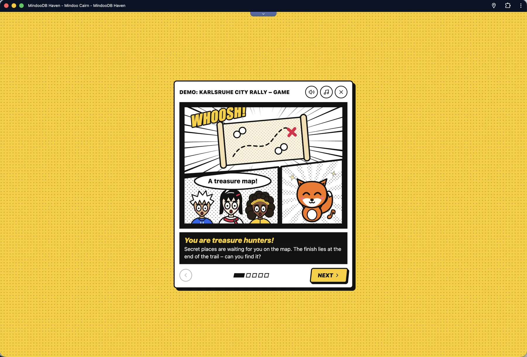 The first page of the comic intro: "Whoosh! A treasure map!" - three children and a fox discover the map, with the line "You are treasure hunters!"