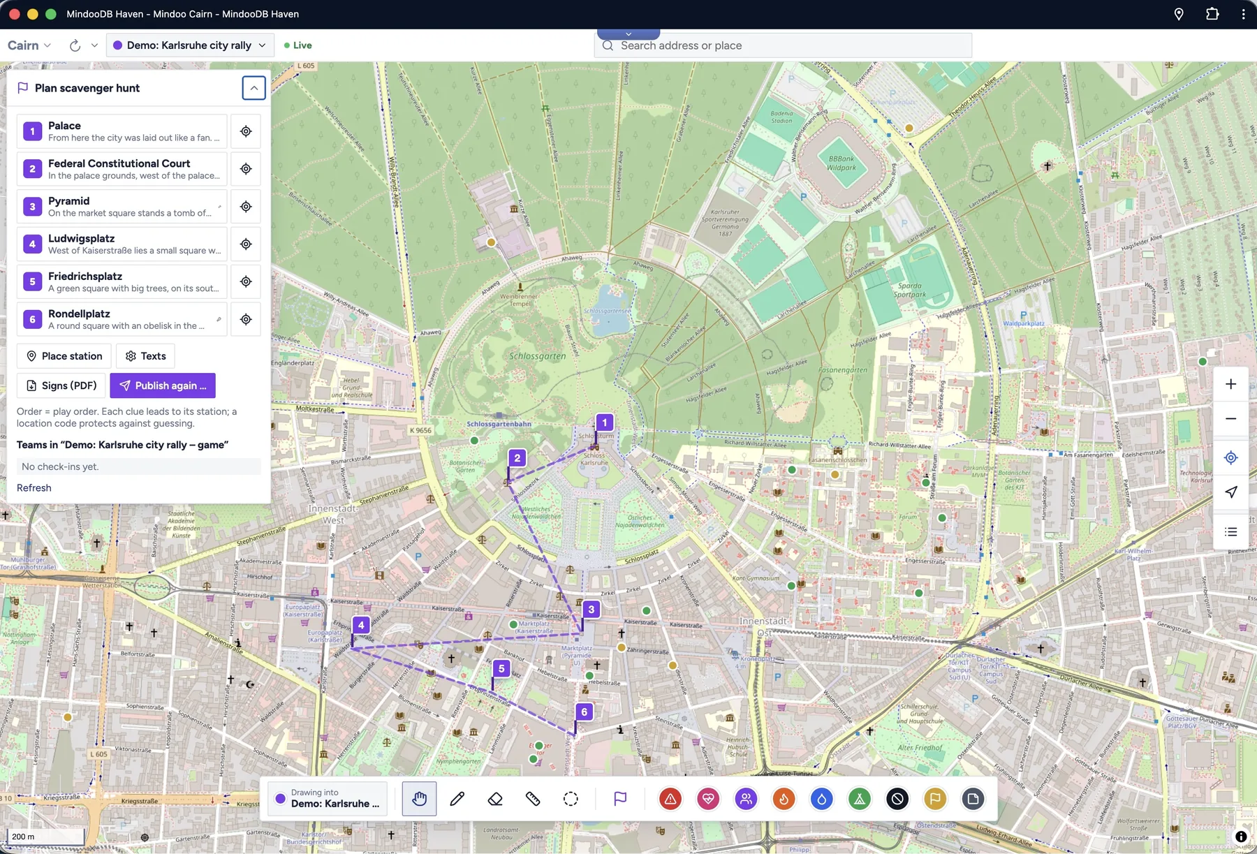 Planning a city rally through Karlsruhe: the stations on the map, connected in order, and the station list on the left